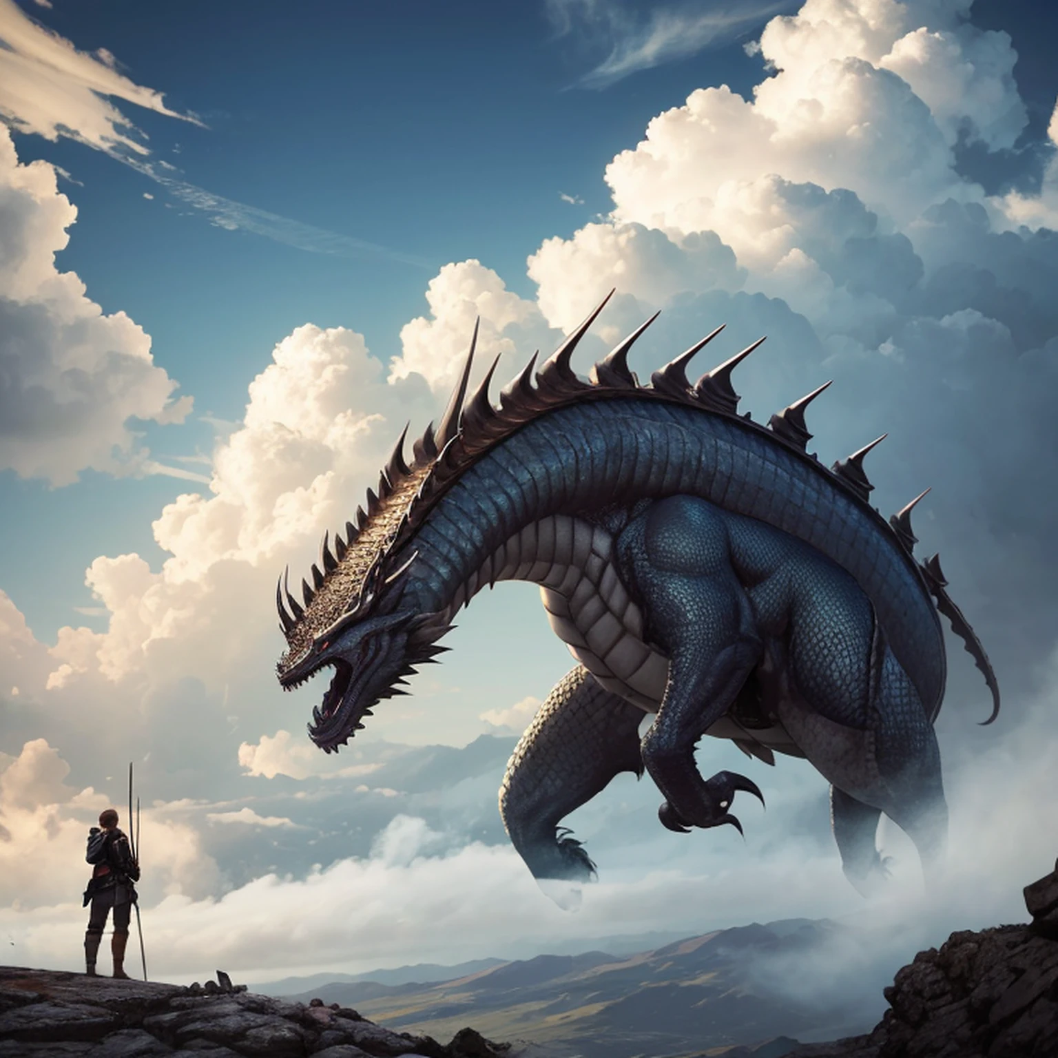 Luz superior, distant view (Tiro de baixo para cima), garota, armado com arma, ao ar livre, Standing, Cloud Behind, heaven, Cloudy sky, bicho, eastern dragon, monstro, 1 outro, mistborn,