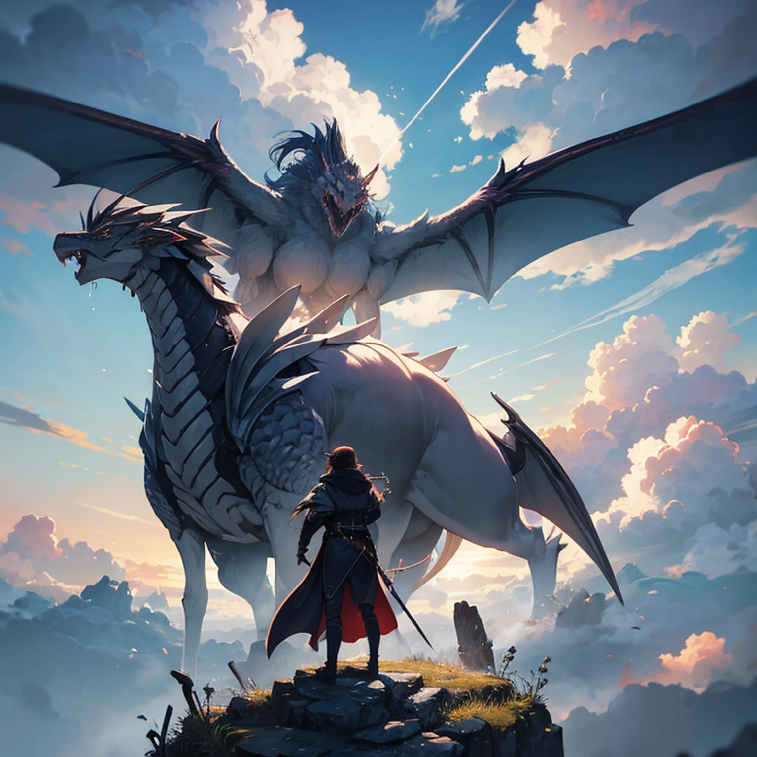 Luz superior, distant view (Tiro de baixo para cima), garota, armado com arma, ao ar livre, Standing, Cloud Behind, heaven, Cloudy sky, bicho, eastern dragon, monstro, 1 outro, mistborn,