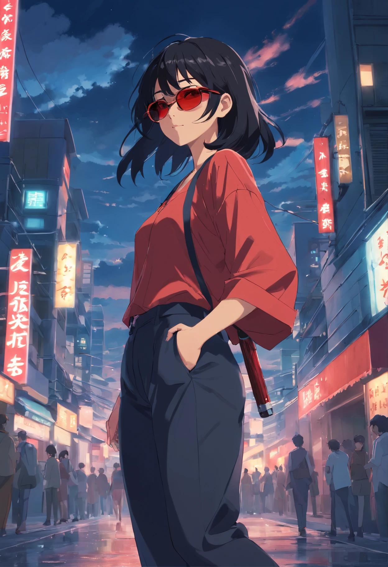 masterpiece, best quality, movie still, 1girl, cloud girl, long black hair, red sunglasses, bussiness outfit, long black pants, looking behind with a sassy grin, reddish light, night, in the city, carrying a katana on her shoulder