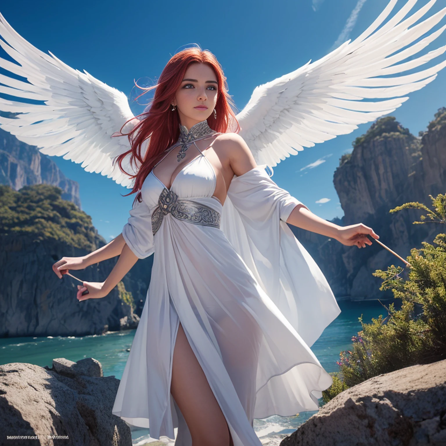 8k, ultra detalhado, master part, melhor qualidade, (extremamente detalhado), Arafed, arte dnd, scenic view, corpo inteiro, Aasimar sorceress casting a flaming spell, Aasimar, female, (Obra-prima 1.3, Detalhes intensos), female, feiticeira, Casting Flaming Spell (Obra-prima 1.3, Detalhes intensos) grandes asas angelicais, Open Blue Angelic Wings (Obra-prima 1.3, Detalhes intensos), magical fantasy background (Obra-prima 1.5, Detalhes intensos), lua, Estrelas, nuvem, vestindo manto branco, Capa roxa, flowing robe (Obra-prima 1.3, Detalhes intensos), Botas de salto alto (Obra-prima 1.3, Detalhes intensos), armado com pessoal, red hair, olhos verdes, olhos intensos, Feminino, Face Ultra Detalhada, (Obra-prima 1.5, melhor qualidade), anatomicamente correto (Obra-prima 1.3, Detalhes intensos), face determinada, Luz Divina, Cinematic lighting, luz suave, silhueta, fotorrealismo, scenic view (Obra-prima 1.3, Detalhes intensos) , Wide-Angle, Ultra-Grande Angular, 8k, Altas, melhor qualidade, Detalhes altos @Vlademir Bernardes