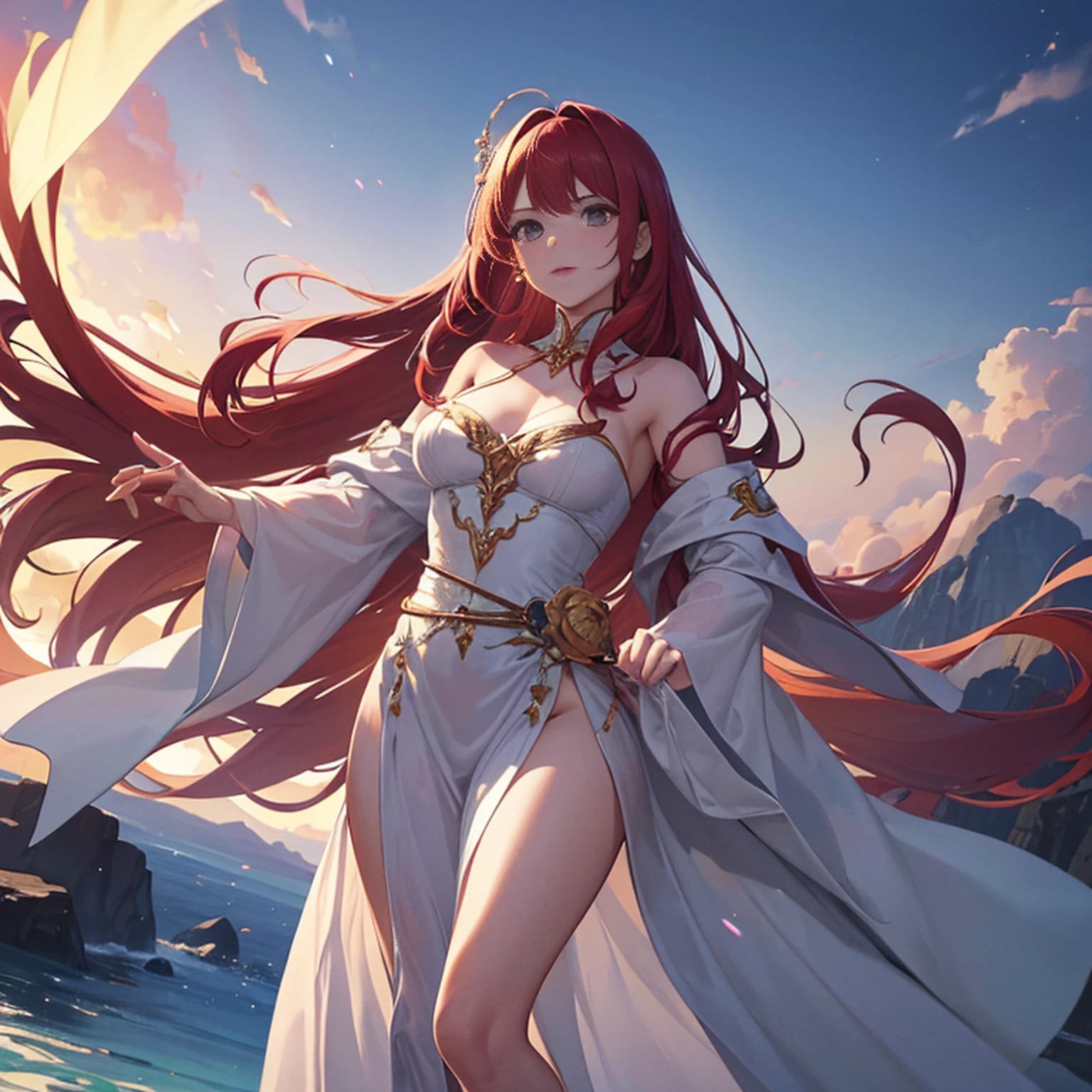 8k, ultra detalhado, master part, melhor qualidade, (extremamente detalhado), Arafed, arte dnd, scenic view, corpo inteiro, Aasimar sorceress casting a flaming spell, Aasimar, female, (Obra-prima 1.3, Detalhes intensos), female, feiticeira, Casting Flaming Spell (Obra-prima 1.3, Detalhes intensos) grandes asas angelicais, Open Blue Angelic Wings (Obra-prima 1.3, Detalhes intensos), magical fantasy background (Obra-prima 1.5, Detalhes intensos), lua, Estrelas, nuvem, vestindo manto branco, Capa roxa, flowing robe (Obra-prima 1.3, Detalhes intensos), Botas de salto alto (Obra-prima 1.3, Detalhes intensos), armado com pessoal, red hair, olhos verdes, olhos intensos, Feminino, Face Ultra Detalhada, (Obra-prima 1.5, melhor qualidade), anatomicamente correto (Obra-prima 1.3, Detalhes intensos), face determinada, Luz Divina, Cinematic lighting, luz suave, silhueta, fotorrealismo, scenic view (Obra-prima 1.3, Detalhes intensos) , Wide-Angle, Ultra-Grande Angular, 8k, Altas, melhor qualidade, Detalhes altos @Vlademir Bernardes
