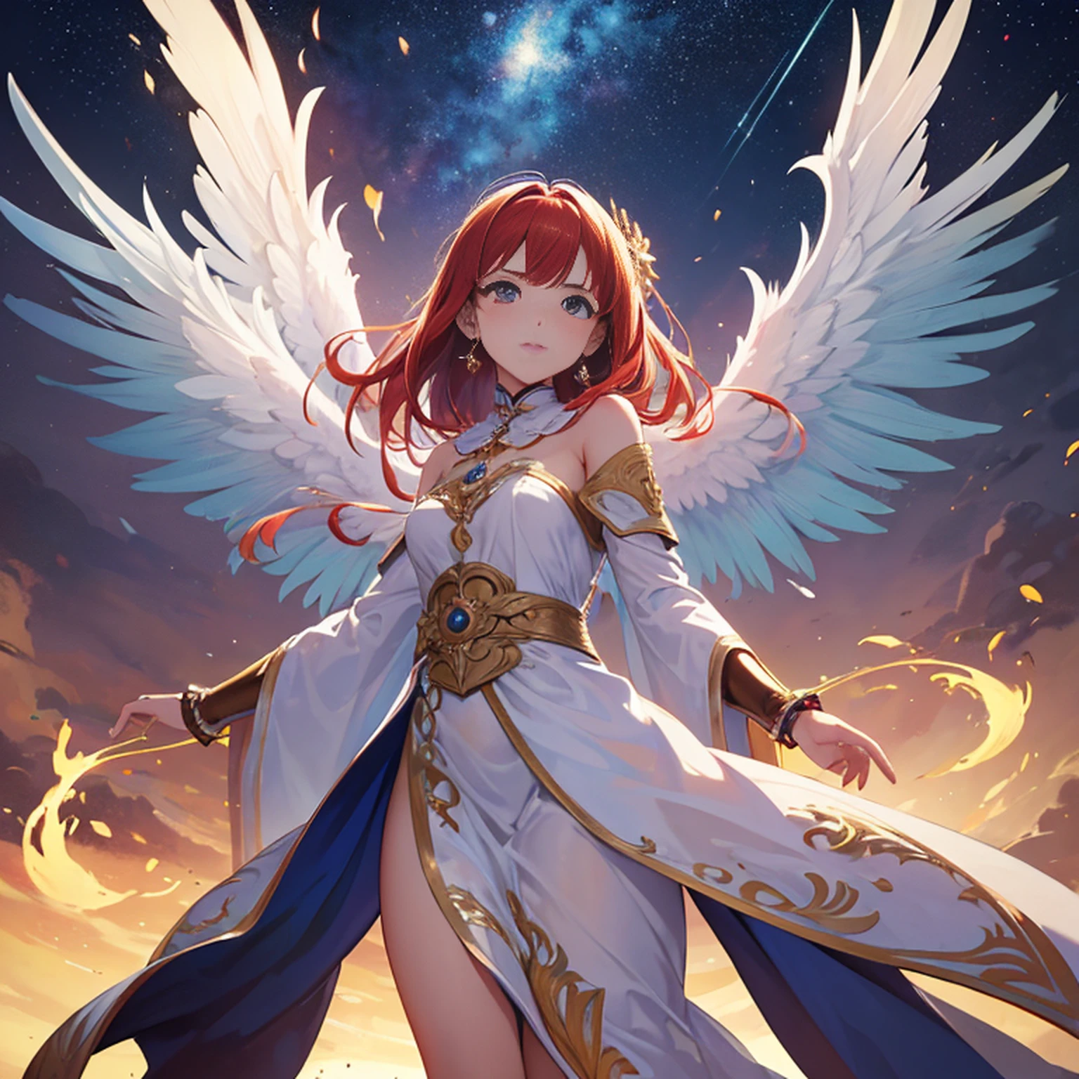 8k, ultra detalhado, master part, melhor qualidade, (extremamente detalhado), Arafed, arte dnd, scenic view, corpo inteiro, Aasimar sorceress casting a flaming spell, Aasimar, female, (Obra-prima 1.3, Detalhes intensos), female, feiticeira, Casting Flaming Spell (Obra-prima 1.3, Detalhes intensos) grandes asas angelicais, Open Blue Angelic Wings (Obra-prima 1.3, Detalhes intensos), magical fantasy background (Obra-prima 1.5, Detalhes intensos), lua, Estrelas, nuvem, vestindo manto branco, Capa roxa, flowing robe (Obra-prima 1.3, Detalhes intensos), Botas de salto alto (Obra-prima 1.3, Detalhes intensos), armado com pessoal, red hair, olhos verdes, olhos intensos, Feminino, Face Ultra Detalhada, (Obra-prima 1.5, melhor qualidade), anatomicamente correto (Obra-prima 1.3, Detalhes intensos), face determinada, Luz Divina, Cinematic lighting, luz suave, silhueta, fotorrealismo, scenic view (Obra-prima 1.3, Detalhes intensos) , Wide-Angle, Ultra-Grande Angular, 8k, Altas, melhor qualidade, Detalhes altos @Vlademir Bernardes