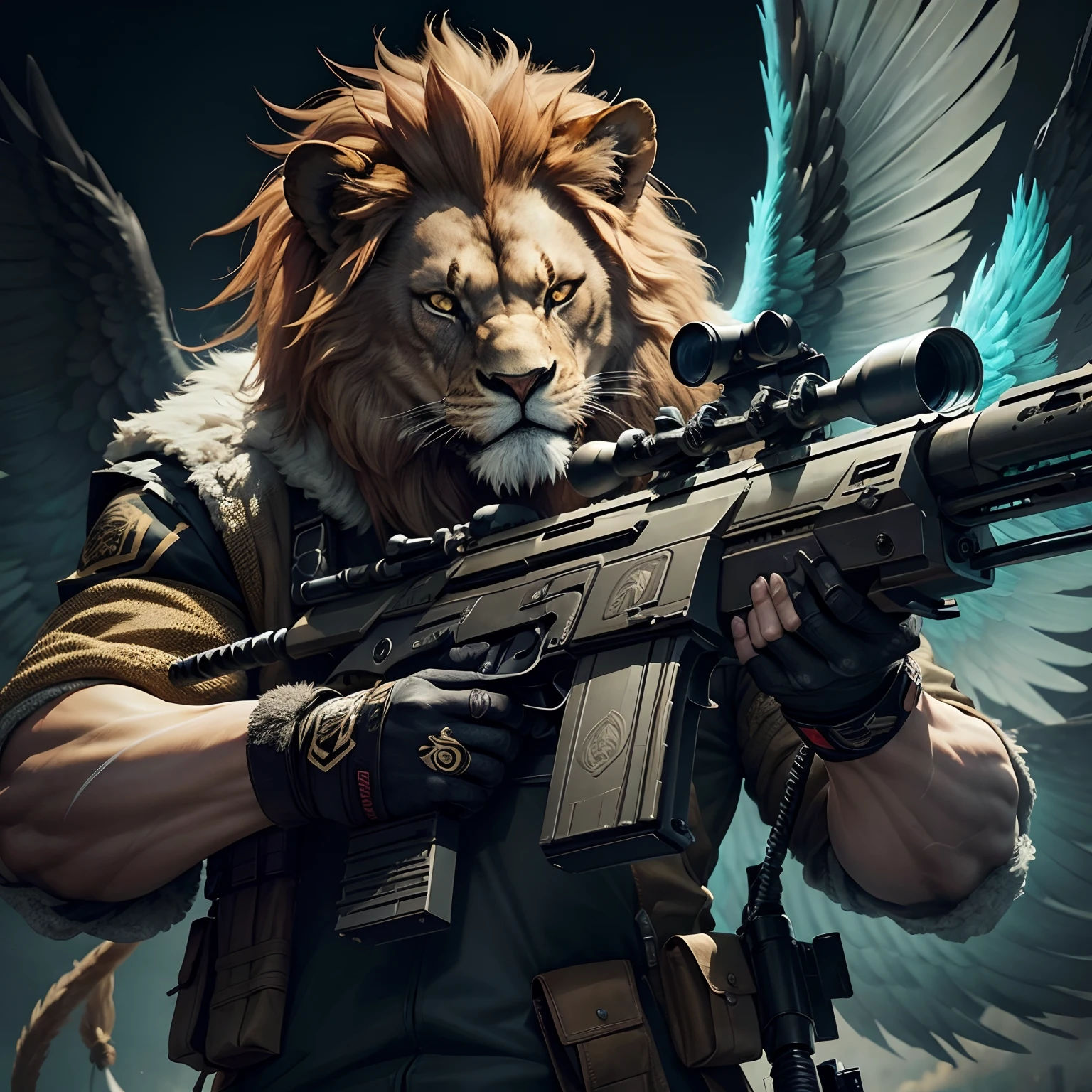 hybrid lion man with wings, looking furious and angry, holding a sniper rifle in hands