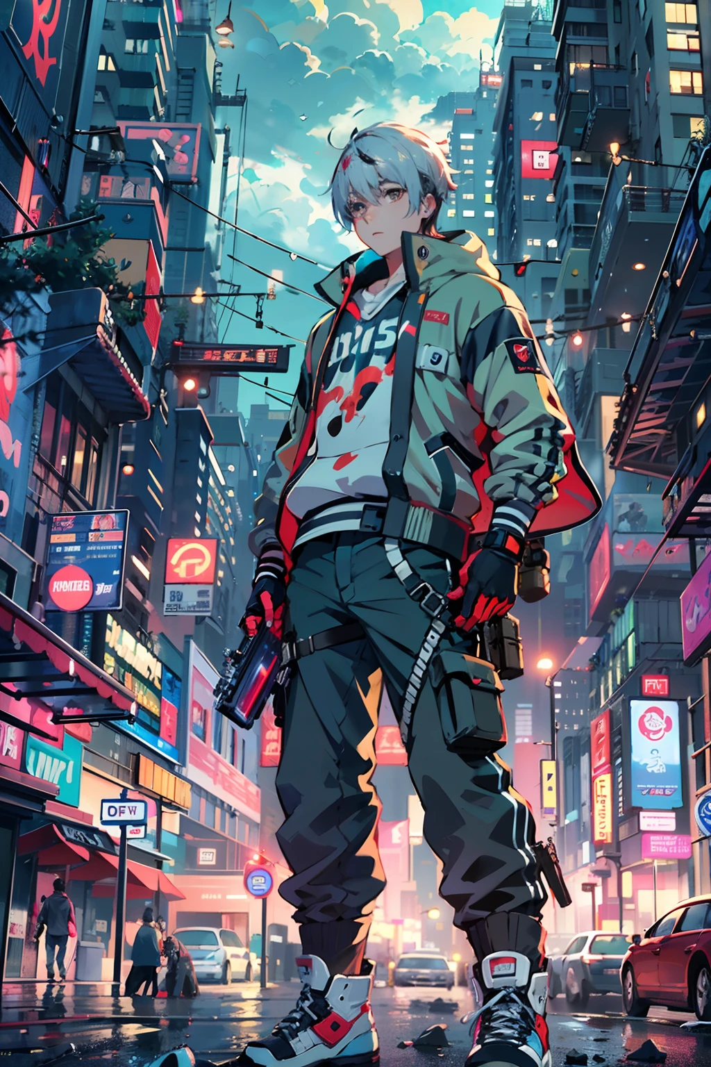 1boy,(15 years old boy:1.5)、Anime-style protagonist、Cyberpunk Boy、silber hair、Spiky hairstyle、machine gun、Japan sword on the back、Whole body bloody、Shot from the knee up、The beginning of the adventure、Lots of clouds,heavy fog、Big Moon、Lightning、Chaotic city of the future、dystopian、A group of very tall skyscrapers stands in the center、Very complex cityscape,Crowded Chinese skyscrapers、Tall radio tower、Trees、street signs、streetlights、taxis、buses、Train、Warm lighting,Dark road、puddles、Chaotic、Beautiful and fantastic scenery、Cinematic scenery、hightquality、masutepiece,in 8K、hight resolution、
