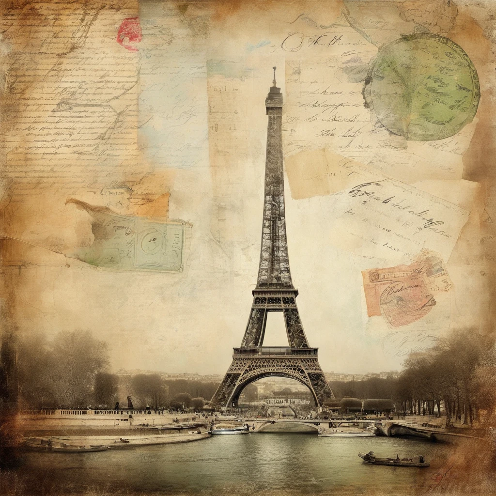 Create a collage with a dimension of 8.5 x 11 inches. The collage should have a vintage theme, reminiscent of old Paris.
1. Layout:
- Divide the collage into three sections.
- Place the Eiffel Tower in the lower section, centered.
- Place the Mona Lisa in the upper right section.
- The upper left section should have a vintage map of Paris.
2. Images:
- The image of the Eiffel Tower should be in black and white, with a vintage feel.
- The image of Mona Lisa should retain its original colors but have a vintage frame around it.
- The map of Paris should be in sepia tones to match the vintage theme.
3. Style:
- Blend the edges of each section softly so that they merge well with each other.
- Add a mild grain effect to the entire collage to enhance the vintage feel.
4. Text:
- In the lower right corner of the collage, add text in an elegant font that reads: "Discover the Charm of Old Paris".
Ensure the images are high-resolution and the overall collage has a harmonious, vintage aesthetic.