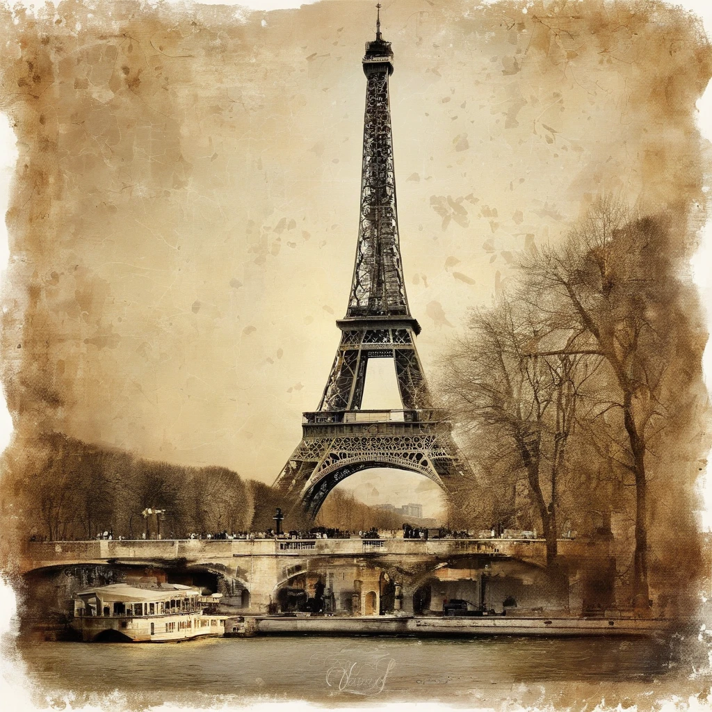 Create a collage with a dimension of 8.5 x 11 inches. The collage should have a vintage theme, reminiscent of old Paris.
1. Layout:
- Divide the collage into three sections.
- Place the Eiffel Tower in the lower section, centered.
- Place the Mona Lisa in the upper right section.
- The upper left section should have a vintage map of Paris.
2. Images:
- The image of the Eiffel Tower should be in black and white, with a vintage feel.
- The image of Mona Lisa should retain its original colors but have a vintage frame around it.
- The map of Paris should be in sepia tones to match the vintage theme.
3. Style:
- Blend the edges of each section softly so that they merge well with each other.
- Add a mild grain effect to the entire collage to enhance the vintage feel.
4. Text:
- In the lower right corner of the collage, add text in an elegant font that reads: "Discover the Charm of Old Paris".
Ensure the images are high-resolution and the overall collage has a harmonious, vintage aesthetic.