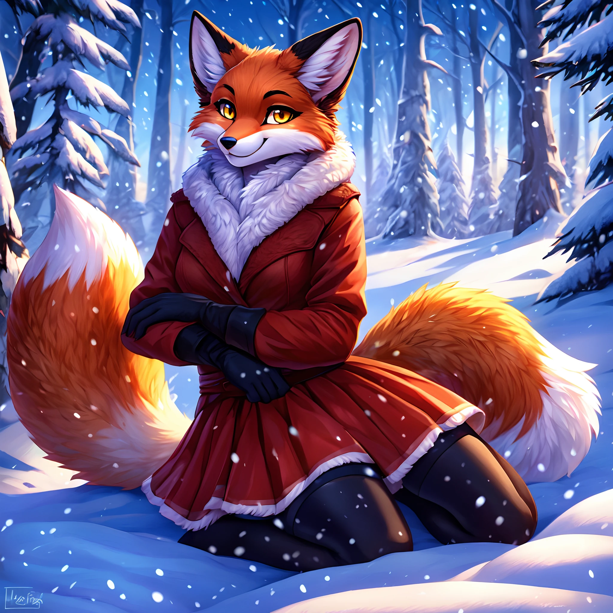 Alice, 独奏, 1 girl, animal ears, Color: Red, Orange, female focus, 1 fox tail, Red tail of the best quality, exteriors, fur collar, Orange skirt with fur trim, black stockings, joyful face, Detailed background, black gloves, Furry, Orange clothing with fur trim, Orange sleeves with fur trim, Orange fur coat with fur trim, Fox ears of the best quality, 1 girl, 独奏, Focus Photo, blusher, looking a viewer, winter, the night, nightfall, snowfall, snowflakes, detailed yellow eyes, Detailed beautiful yellow eyes, detailized face, detailed hands and fingers, High-quality hands and fingers, Perfect anatomy of the body, Perfect posture, Perfect anatomy of the hand, Perfect finger anatomy, skinny waist, winter boots, beste-Qualit, in detail ,high-resolution illustration, Cute, canny smile, blusher, Vulgar girl, A thin, soft, Beautiful and detailed portrait, 8K, HDR, Excellent quality, higly detailed, Detailed fur, ((tail correct position)), handsome girl, In a snow-covered dark forest, among the trees, Winter forest landscape, Eyes of detail, 电影灯光