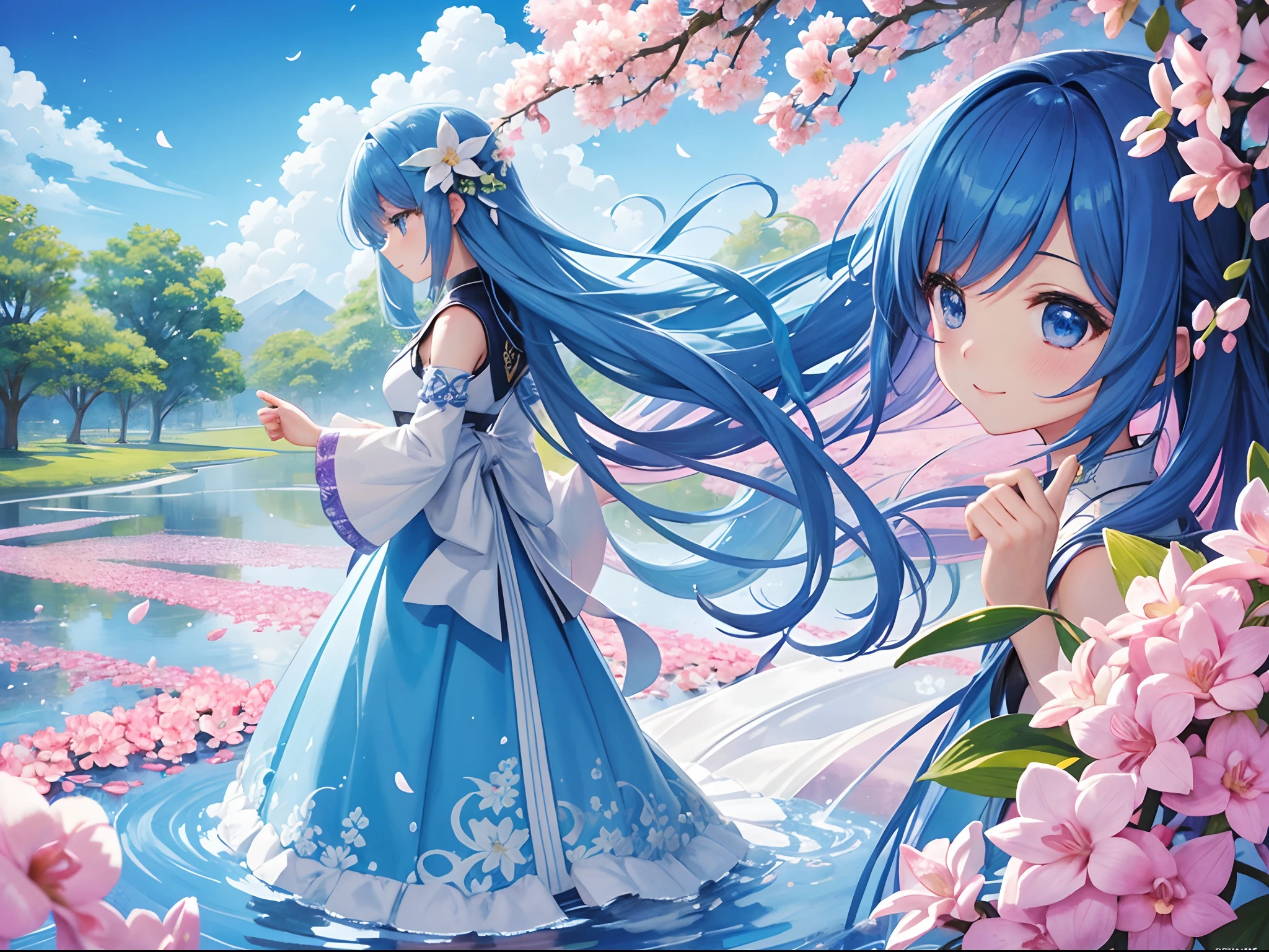 (hight resolution、ultra-detailliert、nffsw、movie)、独奏、1girl in、Happiness、girl standing in a flower field、Girl around the petals、A charming smile、full body Esbian、Long-haired girl with blue hair、lightblue hair、facing front、Fantasia、The surface of the water soars、Official art、pop-art、profile、hyperdetailed face、ultradetailed eyes、Orchid Flower Garden、Ultra Detailed Fields、White blue sky、 shuicolor、blanche、Nebulae in the sky、watercolor paiting、PastelColors