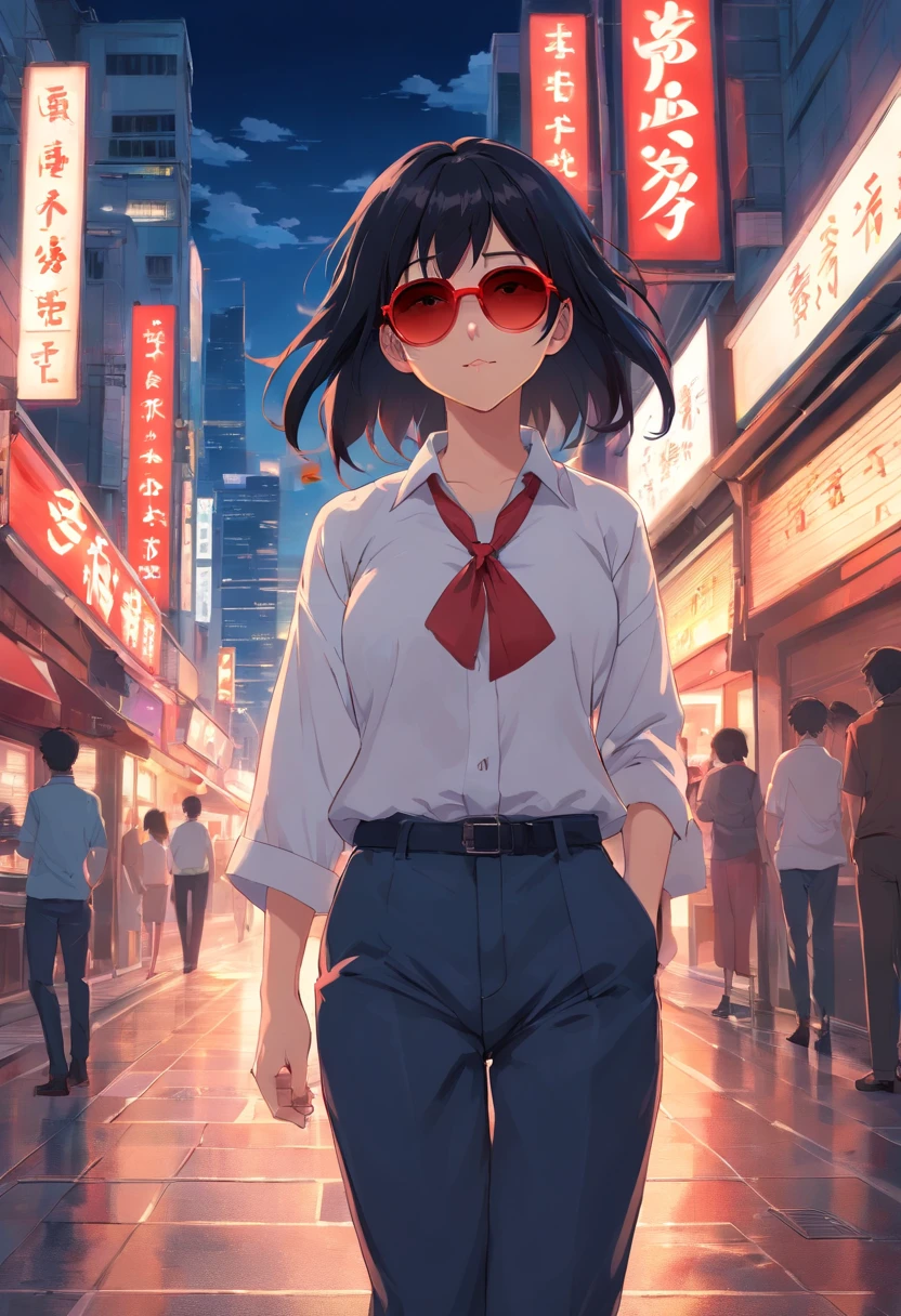 masterpiece, best quality, movie still, 1girl, cloud girl, long black hair, red round sunglasses, bussiness outfit, white shirt, long black pants, looking behind with a sassy grin, reddish light, night, in the city, carrying a katana on her shoulder