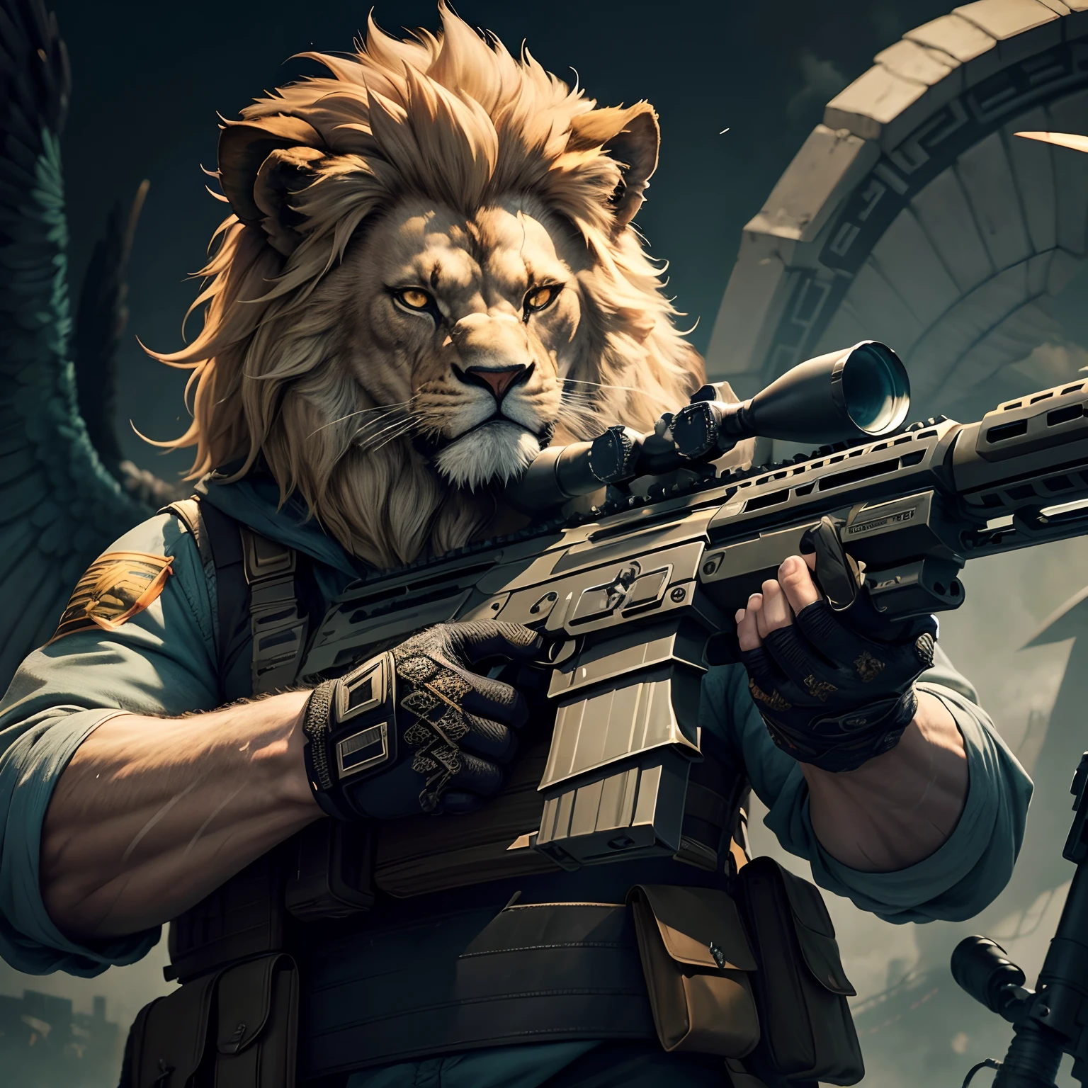 hybrid lion man with wings, looking furious and angry, holding a sniper rifle in hands