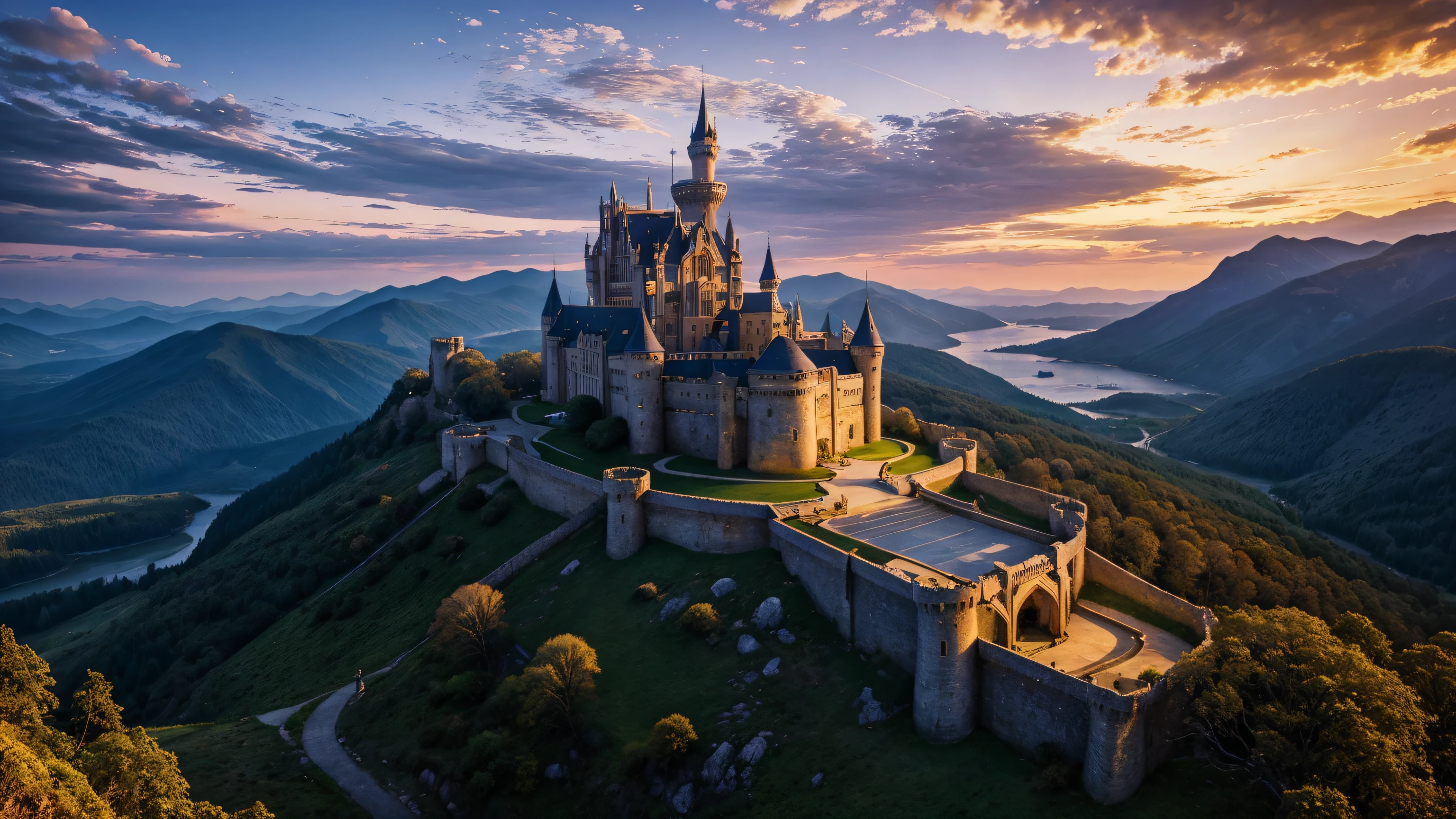 stunning scenery, surreal lighting, extremely extravagant lighting, vivid color, beautiful scenery, afternoon, natural, fully lit gigantic castle