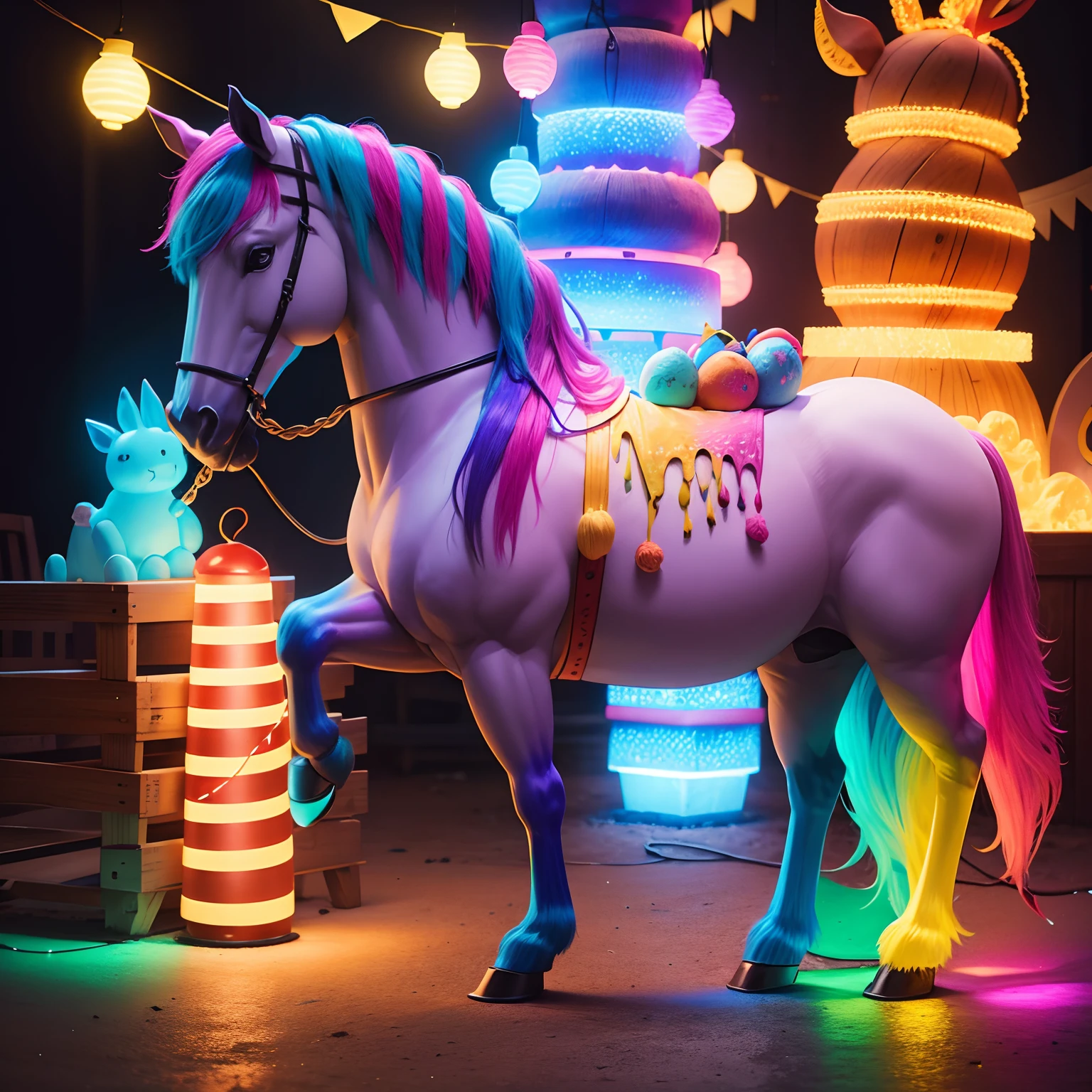 Colorful wooden horse Colorful lights Colorful stuffed animals ice cream