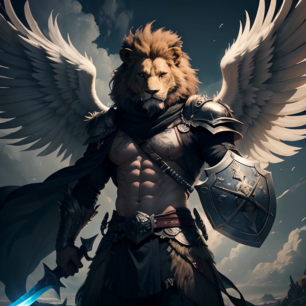 hybrid lion man with wings, looking furious and angry, holding a sword and shield in his hands