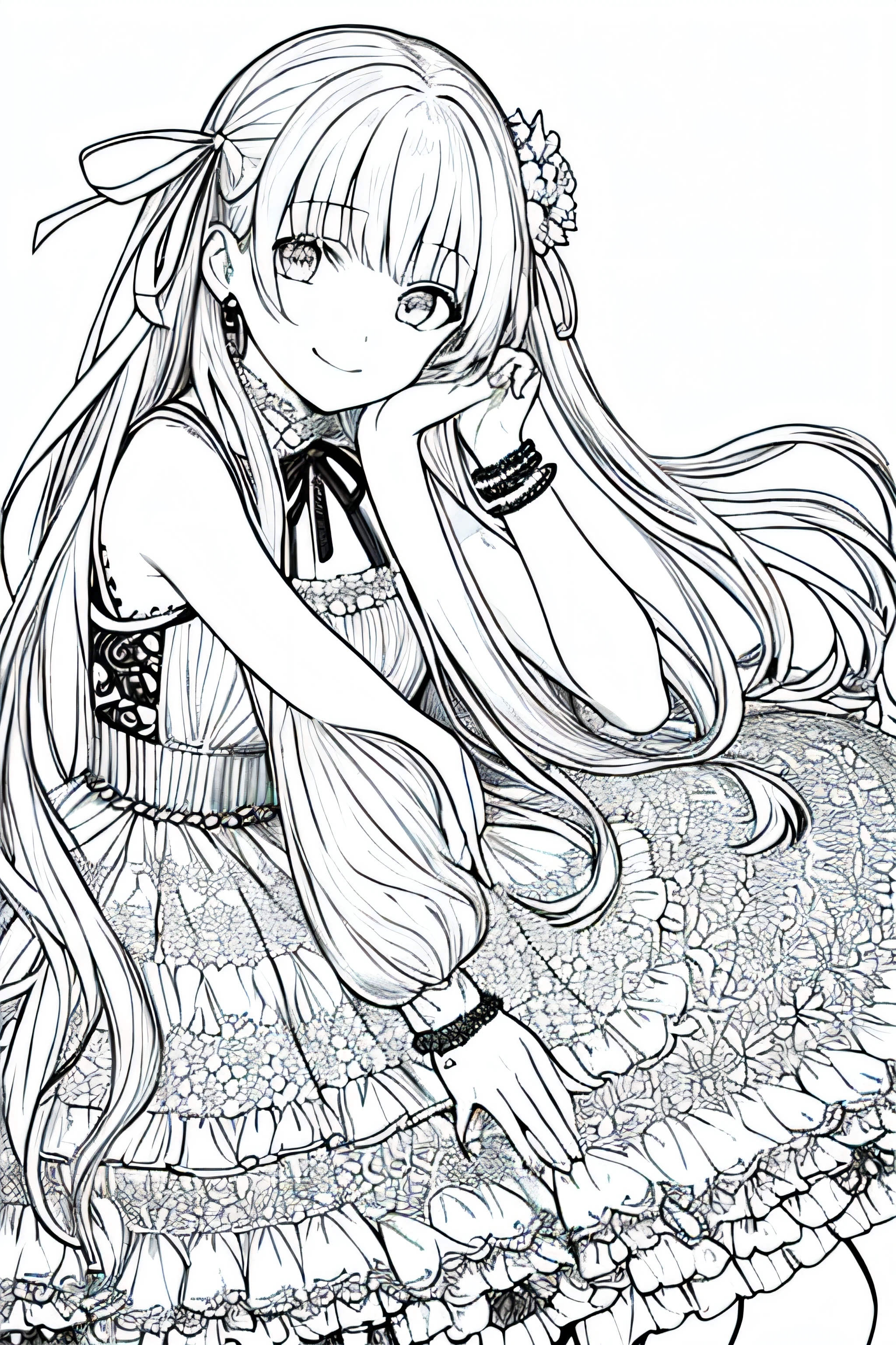 masterpiece, best quality, 1girl, solo, long_hair, looking_at_viewer, smile, dress, ribbon, jewelry, very_long_hair, hair_ribbon, flower, bracelet, two_side_up, hand_on_own_face, head_rest, hand_on_own_cheek, lineart, monochrome,