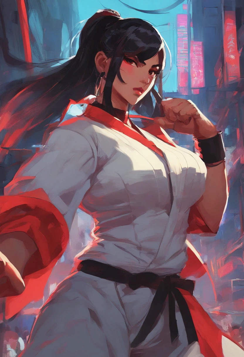 Yakuza female, white, black hair slicked back, large breasts, dressed in a full set of white suit and shirt, in fighting stance,Red light district city background
