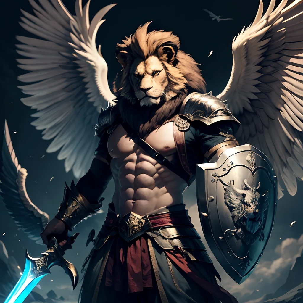 hybrid lion man with wings, looking furious and angry, holding a sword and shield in his hands