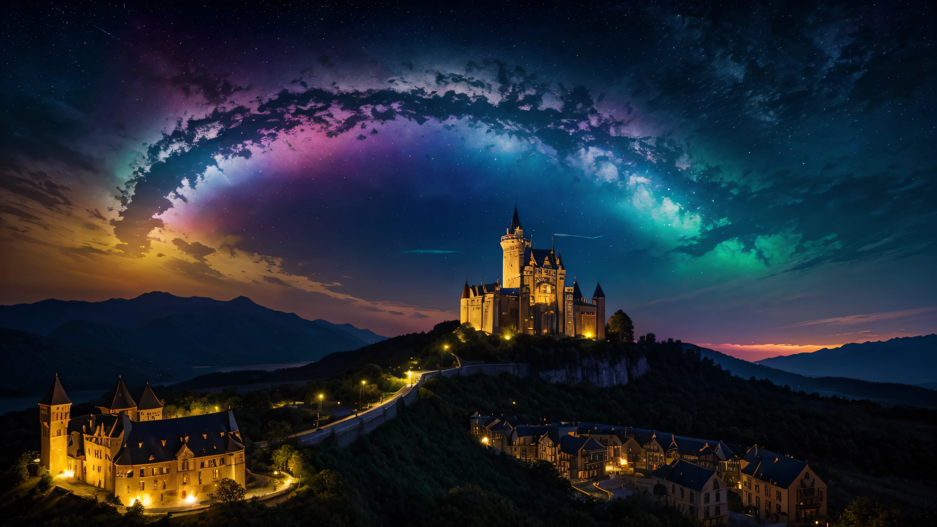stunning scenery, surreal lighting, extremely extravagant lighting, vivid color, beautiful scenery, night, natural, fully lit gigantic castle, colorful spotlights