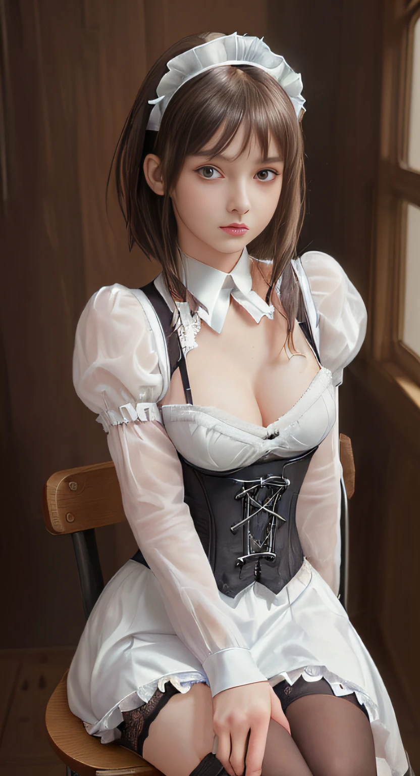 ((20 years girl)),(Sillamäe:1.5), A slender, masutepiece, top-quality, Raw foto, Photorealsitic, faces, Incredibly absurd, beautiful a girl, cute little,Short messy hair, depth of fields, hight resolution, ultra-detailliert, finely detail, ighly detailed, extremely detailed eye and face, Sharp pupils, Realistic pupils, foco nítido, Cinematic lighting,Schoolgirl Uniform、Sheer white shirt:See-through,(Beautiful Girl Maid Costume:corsets:Stockings),(Sitting on a wooden chair),Make your cleavage look bold with the beauty of the castle's legs、staring directly at camera:Top Quality HD