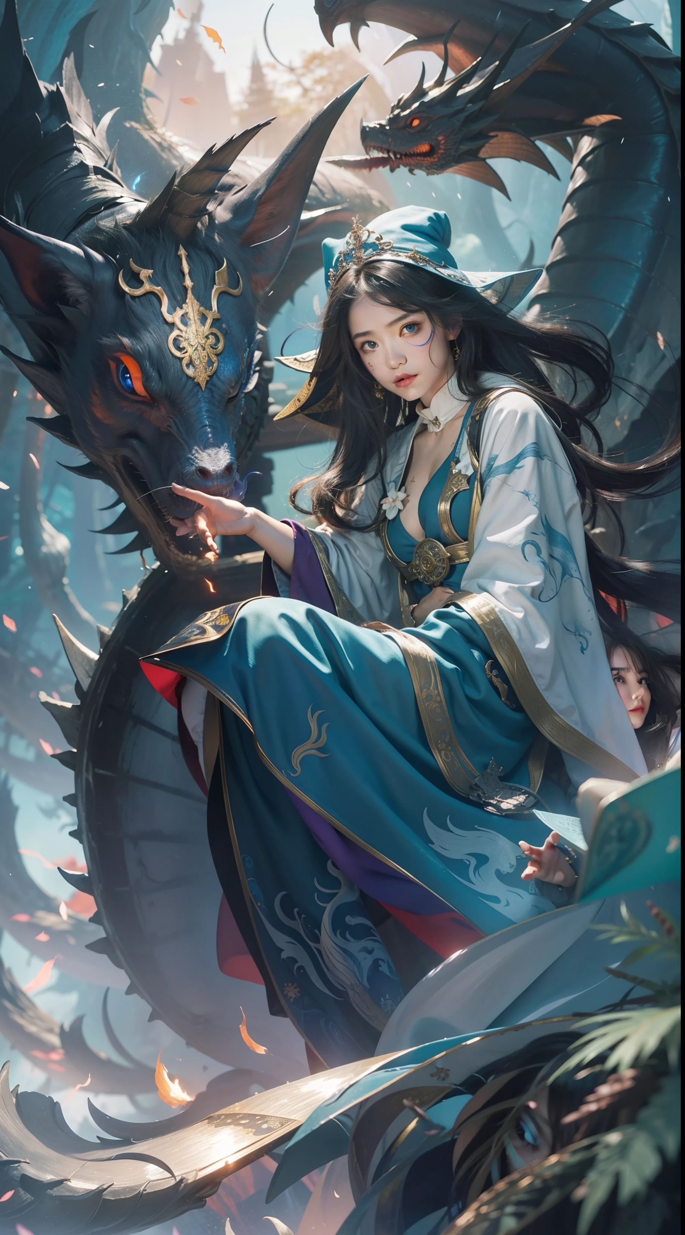 Magic Book,Blood,Night, Dark, (Fantasy),infinite,deep blue sky,The abyss of knowledge,Cowledge,((masutepiece)), (((Best Quality))),((Beautiful fine eyes)),(Eye lashes)、Very beautiful face、Beautiful girl riding a huge sea dragon、(女の子1人)、Black hair、The long-haired、abyss eyes、glowy skin、oils、small tits、Perfect human body structure、Wizard robes、tattered cloth、Realistic coat、Teenchi、Super delicate CG Unity 32k wallpaper、masterpiece, ((ultra-detailliert)), ((illustratio)),colourfull,wall-paper,The energy,Unknown terror,Incomprehensible,Around the magic,Magical surroundings,magic wands,Boken,Flying pages,Know everything,Predict the future、Get to know the past、Infinite wisdom、blue flames、Warlock、magic circles、Pentagram、Spells、mantra、Singing magic
