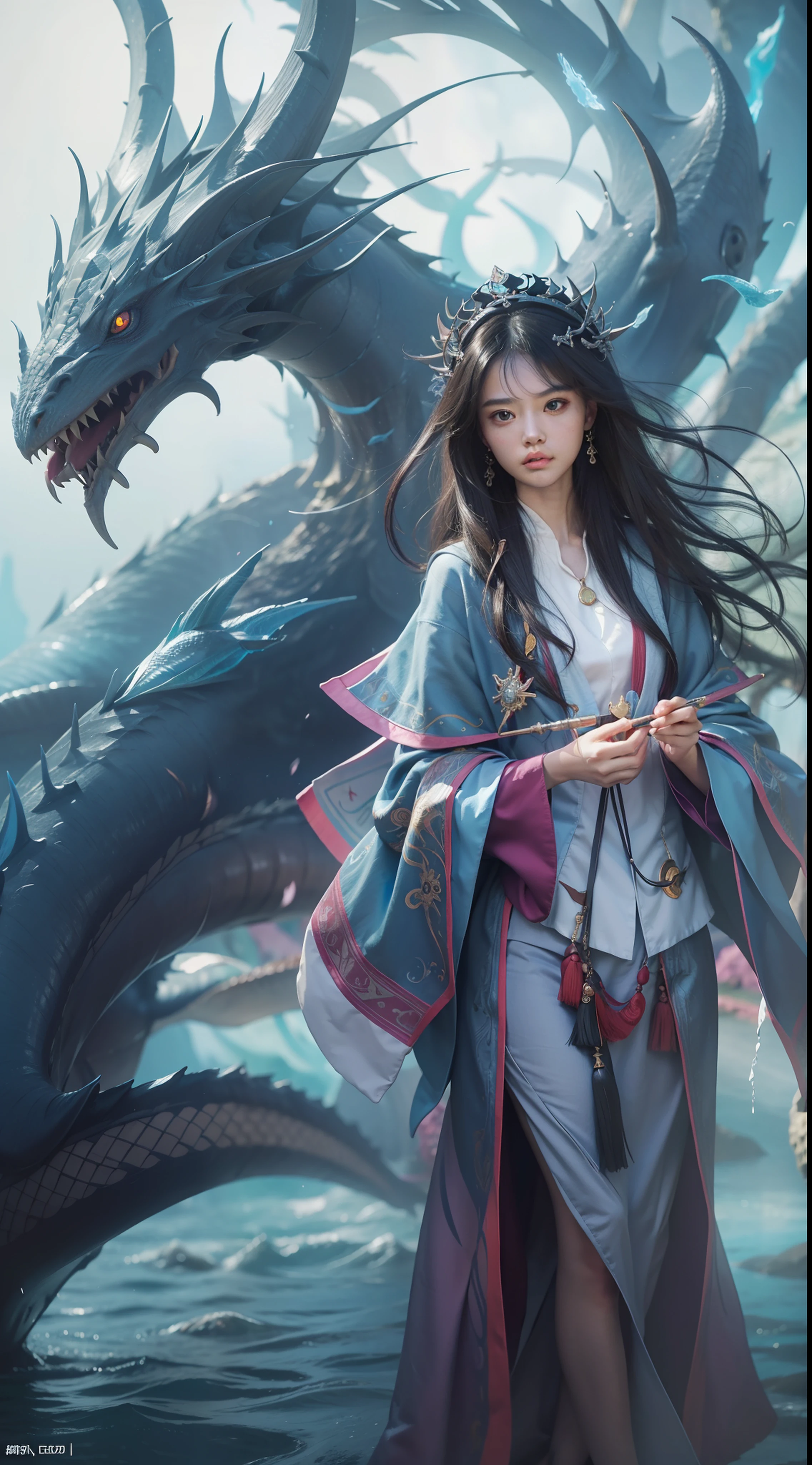 A masterpiece, of the best quality, realistic, realistic, this painting depicts a woman standing next to a dragon. The whole painting uses a cute and realistic portrait (styled kawaii realistic portrait) with dark blue eyes. Long hair fluttering and cute (cute:2). The whole painting shows excellent photorreal details, light and shadow tracing, rich details, close-up of a woman in kimono with a dragon, cyan Chinese dragon, dragon girl portrait, dragon inspired cloth robe, Chinese girl, flowing black long hair, dragon girl, dragon in background, black dragon, hanging ornaments, Chinese fantasy