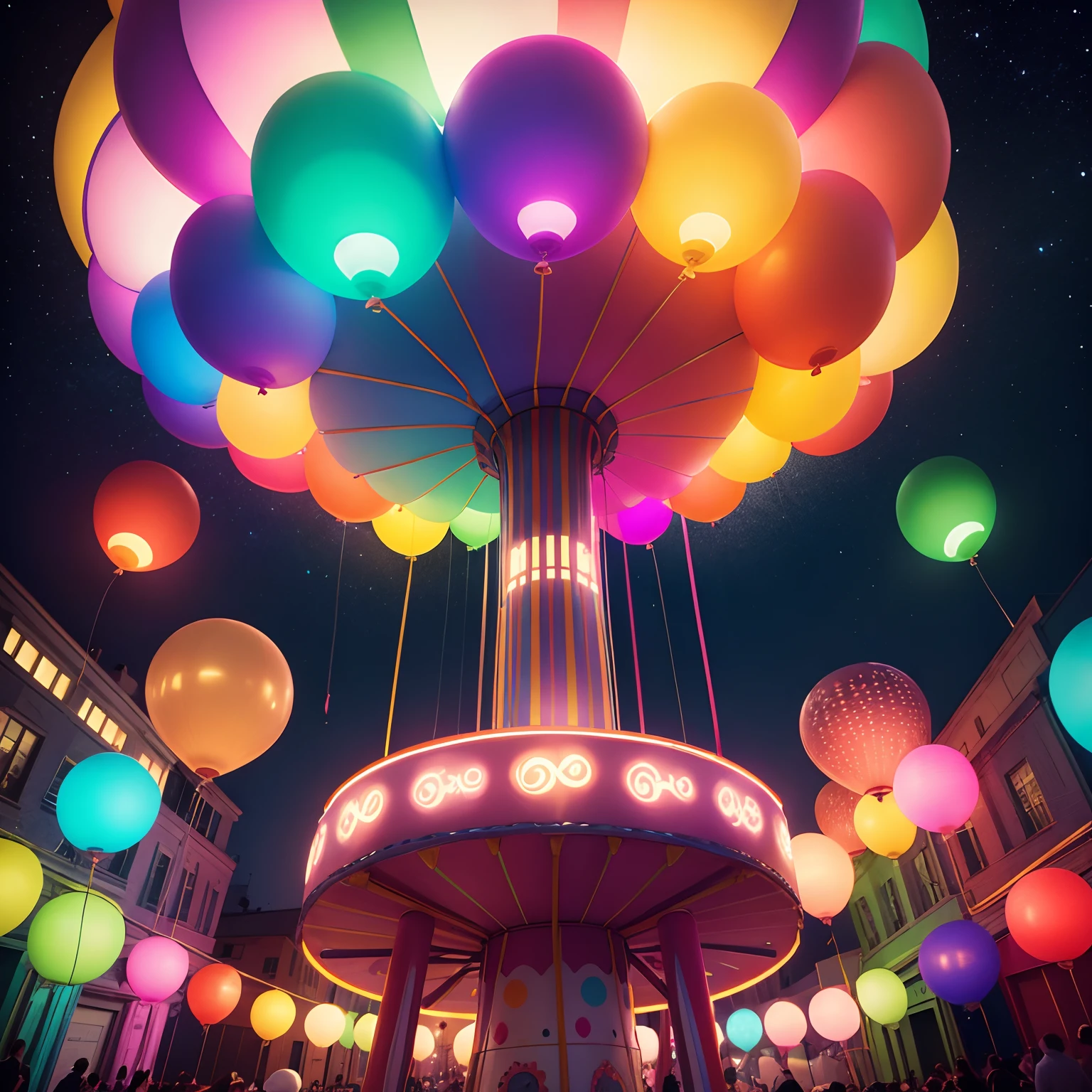 Colorful lights merry-go-round balloons plushies a cake Colorful scenery
