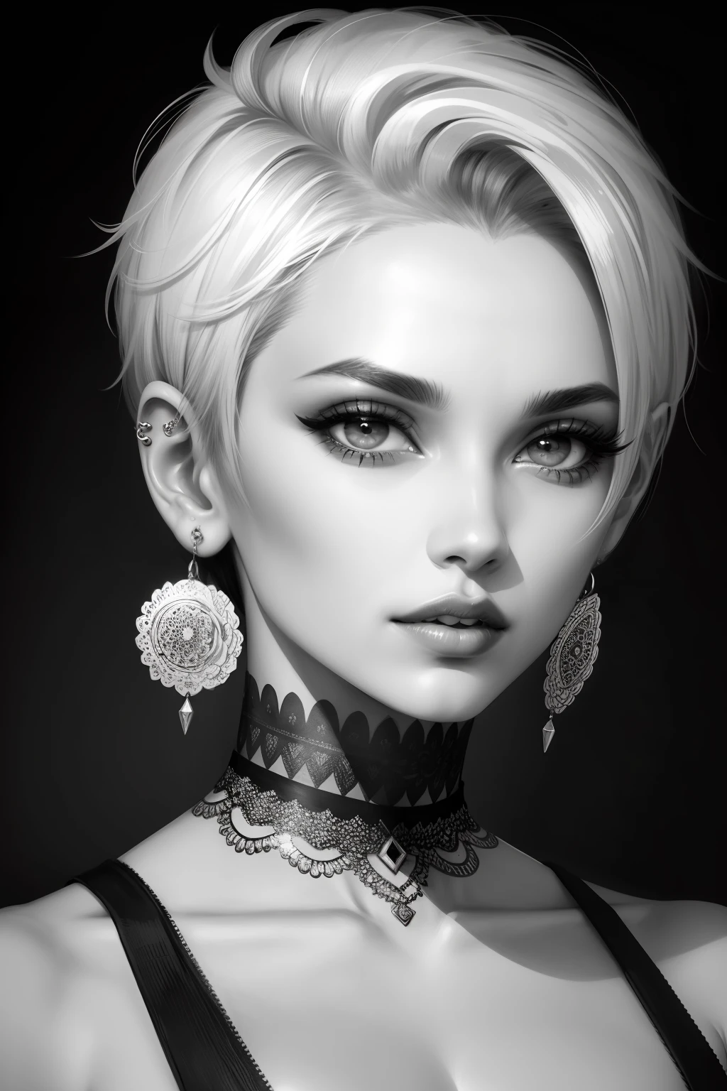 DigiArt Style, 1man, solo, looking at viewer, short hair, simple background, white background, jewelry, monochrome, greyscale, earrings, parted lips, lips, petals, eyelashes, tattoo, watermark, piercing, ear piercing, portrait, digital art