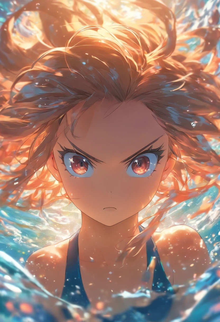 am girl,standing in a roomforeshortening, depth of field, masterpiece, best quality, 1girl, solo, looking at viewer, school swimsuit, swimming, dappled sunlight,