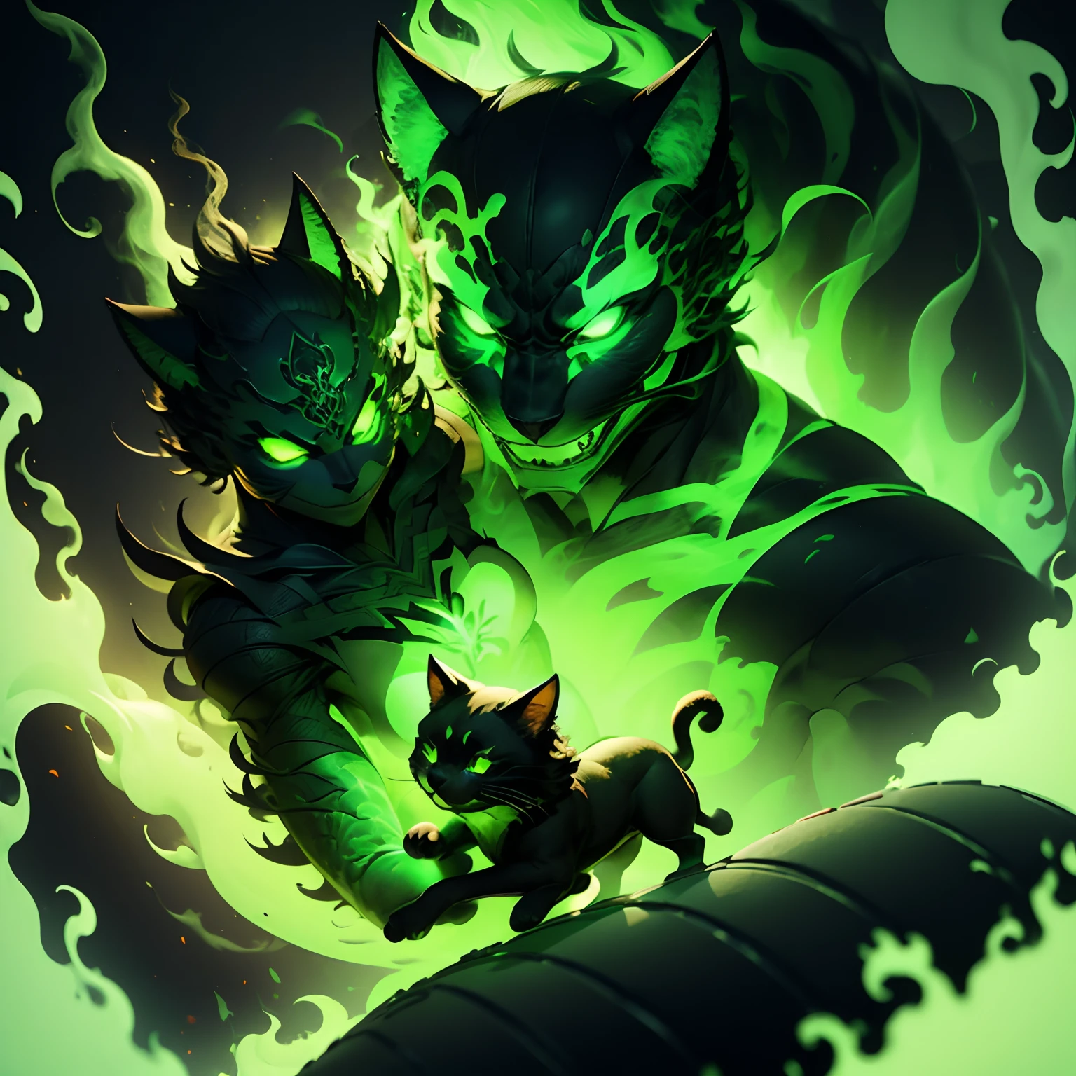 (Black cat), (green fire), (armor), (human smile)