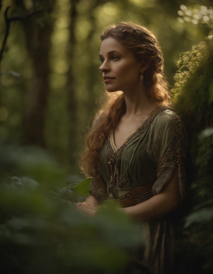3d render, cgi, symetrical, octane render, 35mm, intricate details, hdr, intricate details, hyperdetailed, natural skin texture, hyperrealism, sharp, 1 girl, woman, (elven:0.6), portrait, looking up, solo, (full body:0.6), detailed background, brown eyes, light blonde textured hair, detailed face, robin hood, dynamic pose, medieval fantasy setting, high fantasy, green leather clothes, capelet, puch, straps, belt, serene forest, bushes, ivy, roots, moss, falling leaves, flowers, birds, feathers, sunshine, mist