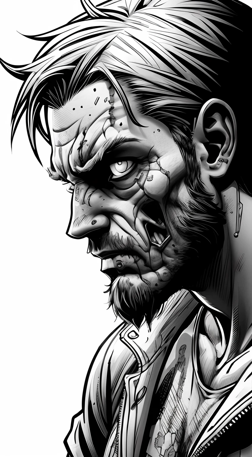 sketch art for adults coloring book,white background, gritty style, cartoon style, use only black outlines, clean line art, zombie, detailed, dynamic composition, close-up shot, comic shading