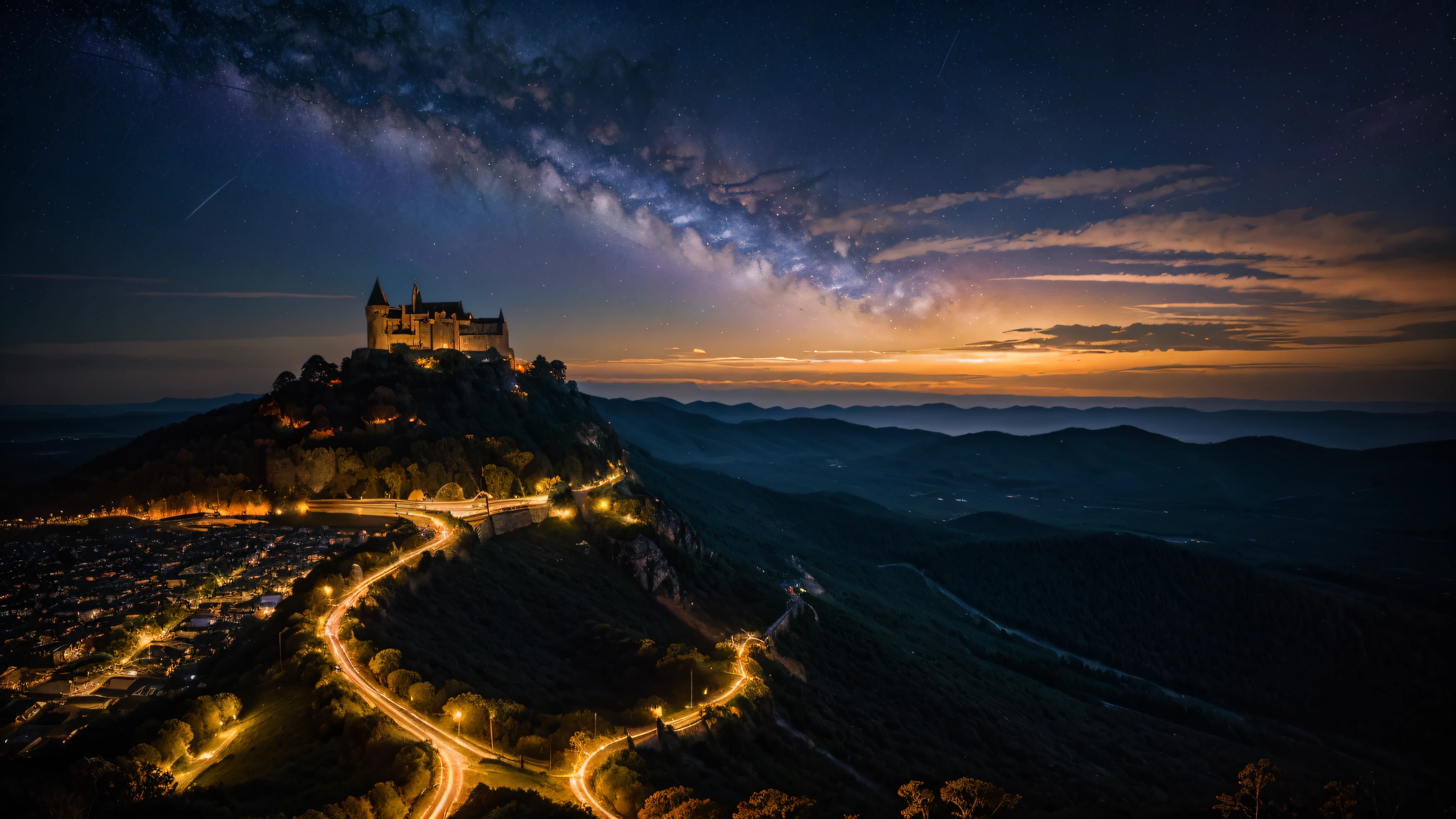 stunning scenery, surreal lighting, extremely extravagant lighting, vivid color, beautiful scenery, night, natural, fully lit gigantic castle, colorful spotlights, ((stars in the sky)), ((orange stripe on the horizon))