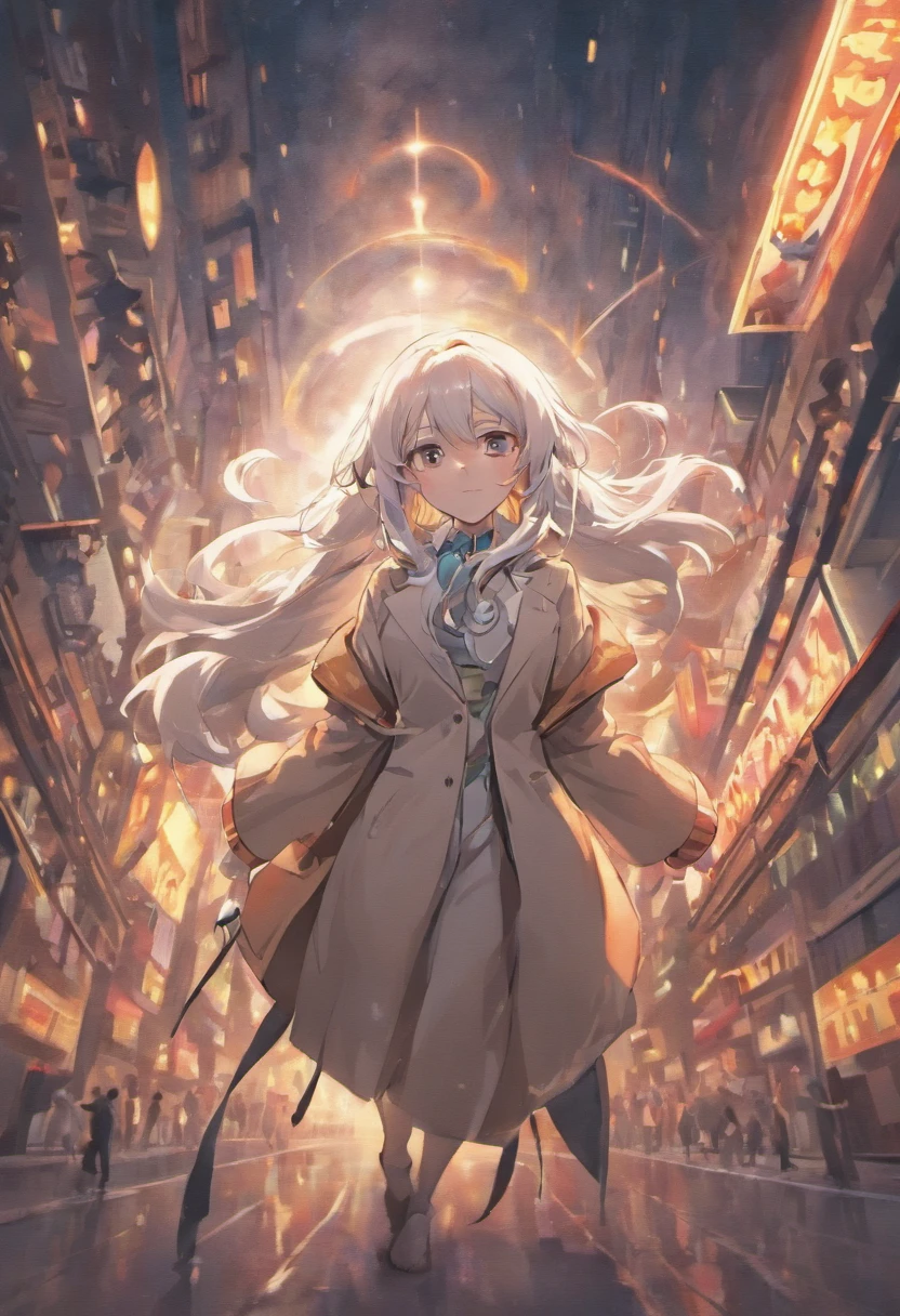 masterpiece, best quality, movie still, 1man, business outfit, long coat, white long hair, sleek hair, strong, indestructible, powered by the moon looking down on people, cane in hand, big grin