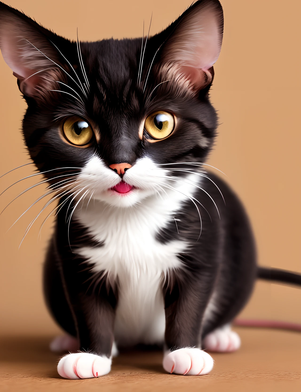 1 cat highly detailed best quality realistic huge eyes big mouth tiny nose small ears looking at Viewer drooling sharp eyes detailed eyes derpy awkward mouse in mouth dead mouse highly detailed mouse