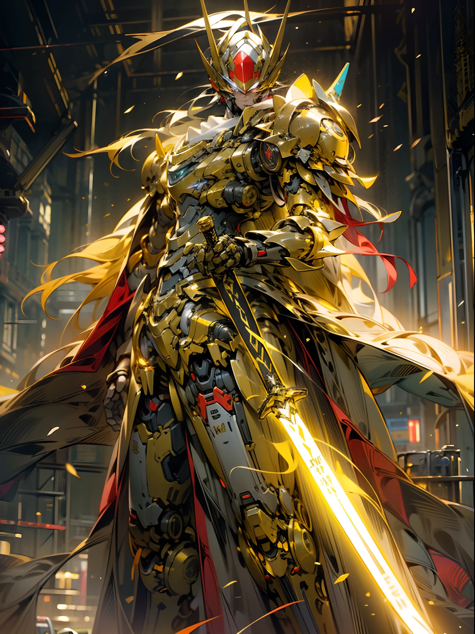 (Masterpiece, Best quality), Golden paladin with lightsaber, Light magic, Divine, magewave, Silver and gold, 4K, Dark futuristic cityscape, Fuji Film, Yellow armor ,His hand held the holy sword, Long heavy armor, Military, Yellow military uniform, Blazing red light: 1.2, The eyes glow a dazzling red: 0.8, 3D 2D drawing, The yellow military robe in front of the shoulder swayed in the wind, anime cartoon, Chiaroscuro, Special lighting effects, Fine and exquisite mech, Military cap mech on a yellow head , Light source in the eye