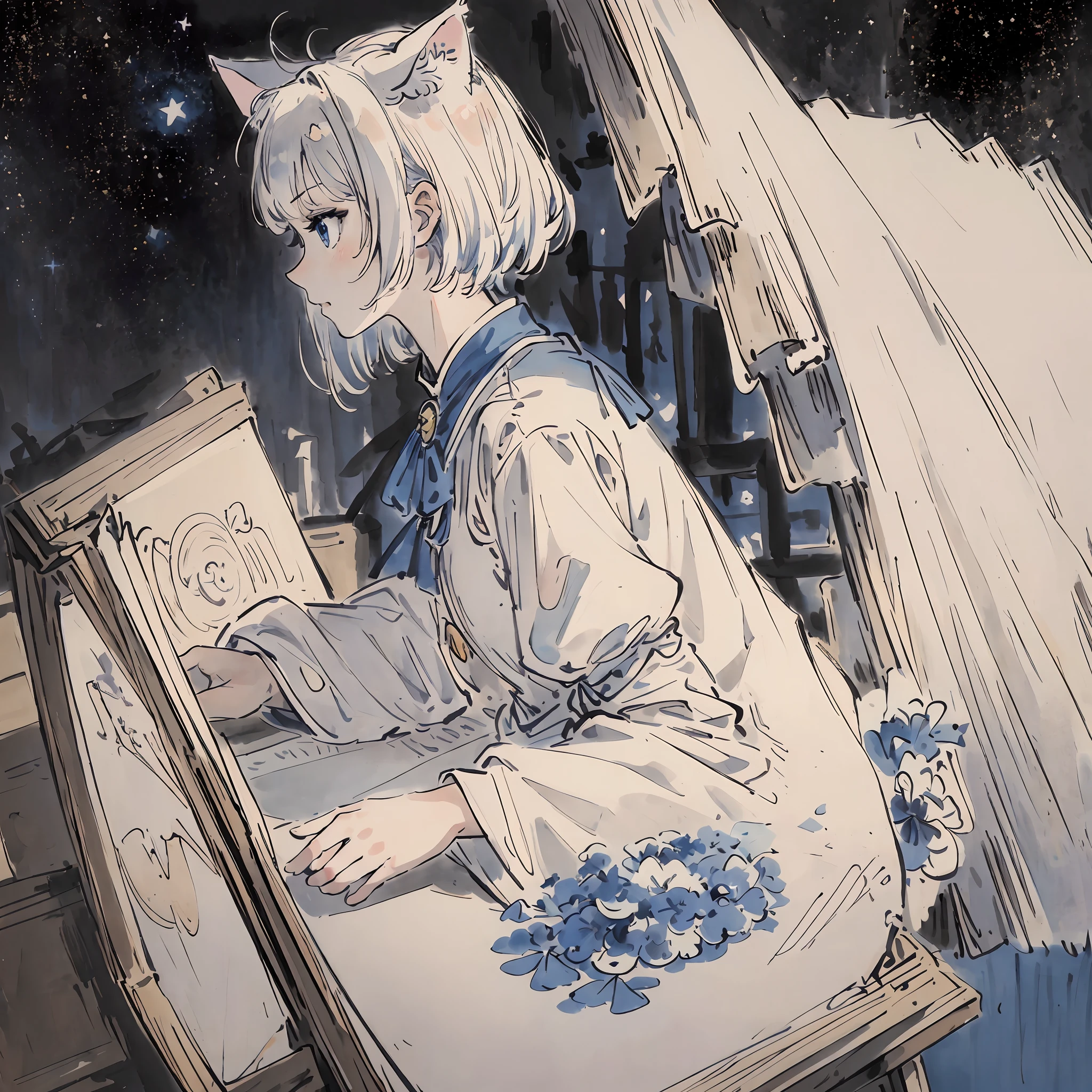 masterpiece, best quality, an extremely delicate and beautiful girl,an extremely delicate and beautiful, world masterpiece theater, ultra-detailed, highly detailed, best quality, white short hair, blue eyes, highres, extremely detailed,1girl, best quality, illustration, looking at viewer, impasto, canvas, oil painting, realistic, realist, real, cat girl with white fluffy cat ears, hidden hands, avatar, side face, profile picture, portrait, starry night background