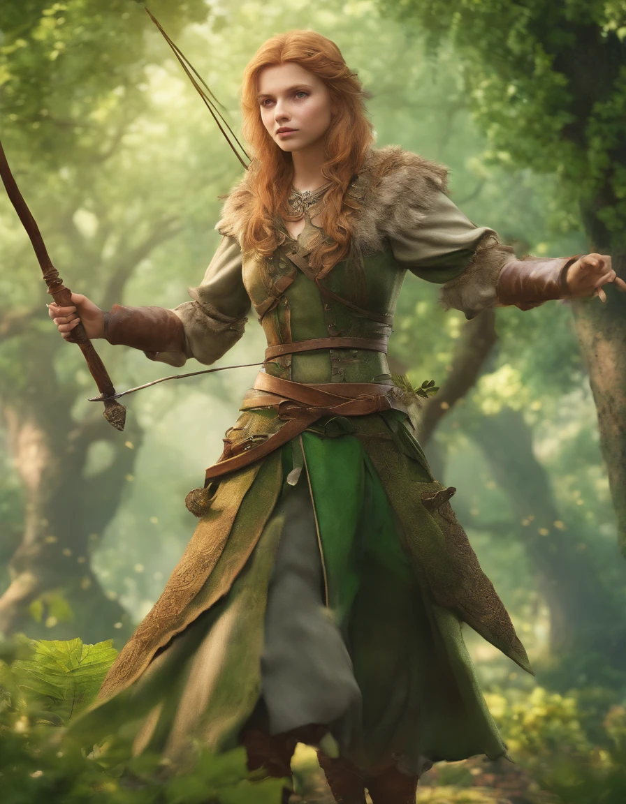 3d render, cgi, symetrical, octane render, 35mm, intricate details, hdr, intricate details, hyperdetailed, natural skin texture, hyperrealism, sharp, 1 girl, woman, (elven:0.6), portrait, looking up, solo, (full body:0.6), detailed background, brown eyes, light blonde textured hair, detailed face, robin hood, dynamic pose, medieval fantasy setting, high fantasy, green leather clothes, capelet, puch, straps, belt, serene forest, bushes, ivy, roots, moss, falling leaves, flowers, birds, feathers, sunshine, mist