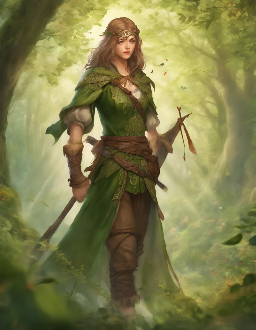3d render, cgi, symetrical, octane render, 35mm, intricate details, hdr, intricate details, hyperdetailed, natural skin texture, hyperrealism, sharp, 1 girl, woman, (elven:0.6), portrait, looking up, solo, (full body:0.6), detailed background, brown eyes, light blonde textured hair, detailed face, robin hood, dynamic pose, medieval fantasy setting, high fantasy, green leather clothes, capelet, puch, straps, belt, serene forest, bushes, ivy, roots, moss, falling leaves, flowers, birds, feathers, sunshine, mist