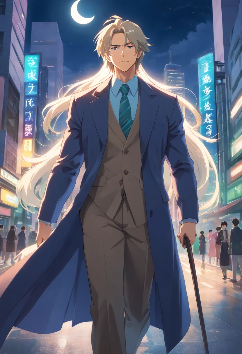 masterpiece, best quality, movie still, 1man, big man, muscular man, business outfit, long coat, white long hair, sleek hair, strong, indestructible, powered by the moon looking down on people, cane in hand, big grin