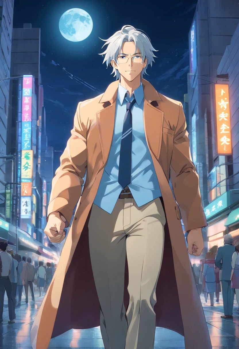 masterpiece, best quality, movie still, 1man, big man, muscular man, business outfit, long coat, white long hair, sleek hair, strong, indestructible, powered by the moon looking down on people, cane in hand, big grin
