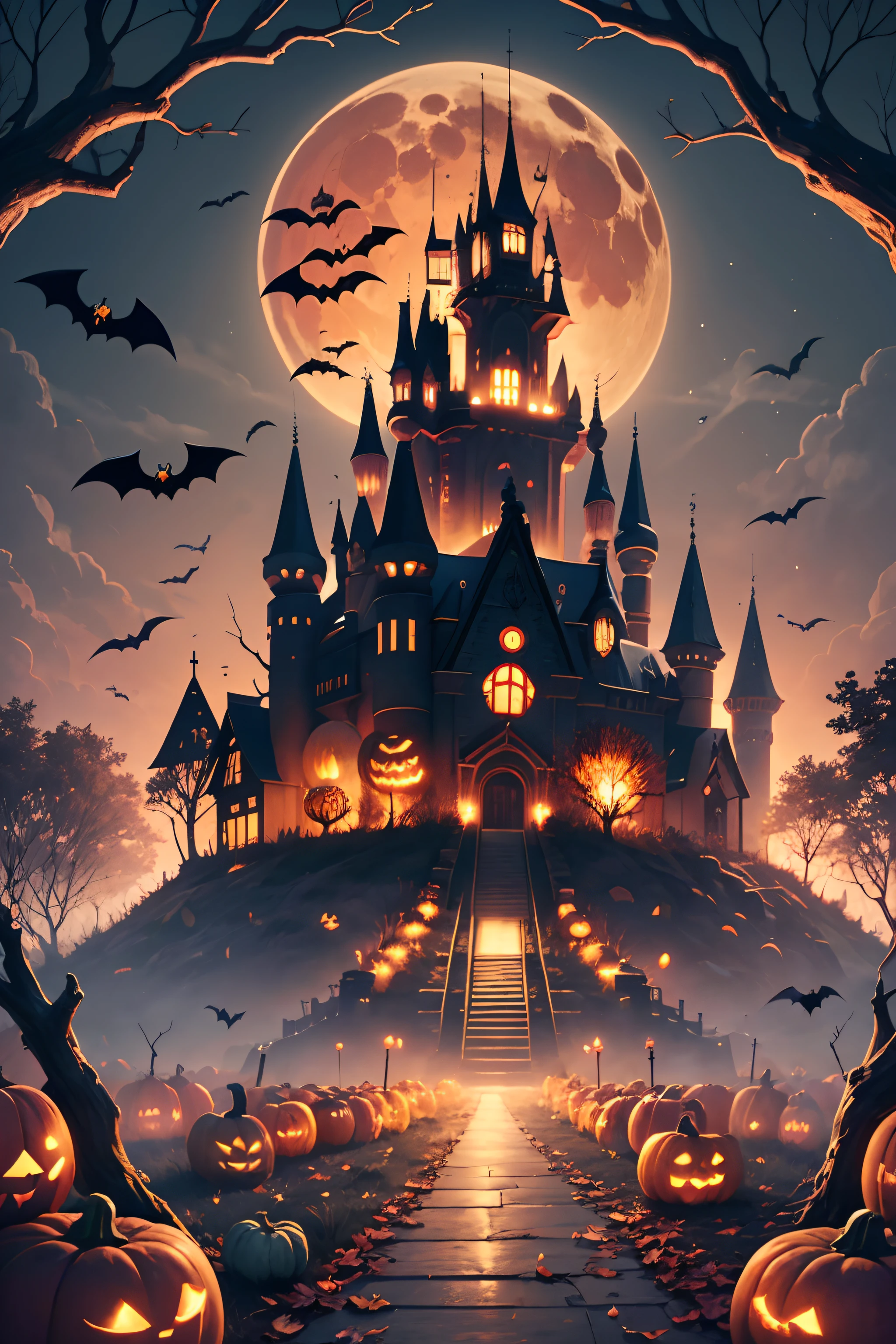 Halloween poster, pumpkins, bats, withered giant branches, red moon, ray tracing, stacked chests, castle