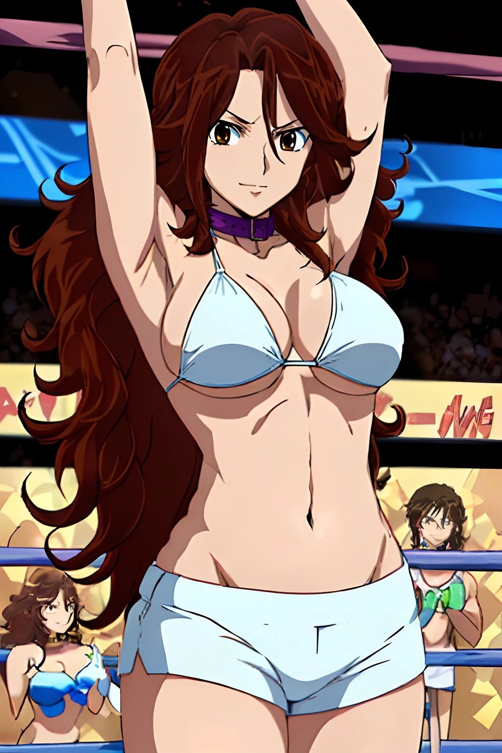 (wwe diva), cowboy shot, body view, anime style: 1.8, anime drawing, ultra detailed face, ultra detailed body, 4k, Sumergai Lee Noriega, (standing), best quality, anime style, hires, highest definition, digital blending, bold drawing lines, ((wwe diva), (location: wrestling arena, crowds watching), ( slim body, little biceps, thighs, off-shoulders, (curvy: 2.8)), ((white bikini, shorts, groin, , white gloves, collar)), victorious, winner, confident, (big breasts, smirking), (big eyes, brown eyes), (clapping), (brown hair, loose hair, curly hair, wavy hair, long hair, missy hair), 27 years old, (flexing both arms)