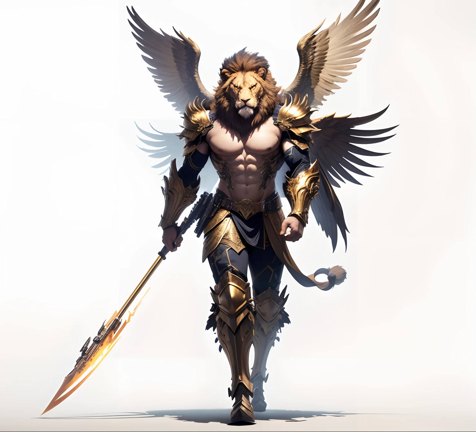 hybrid lion man with wings, looking furious and angry, holding a sniper, walking angrily, realistic lion face, he is wearing a golden plated armour