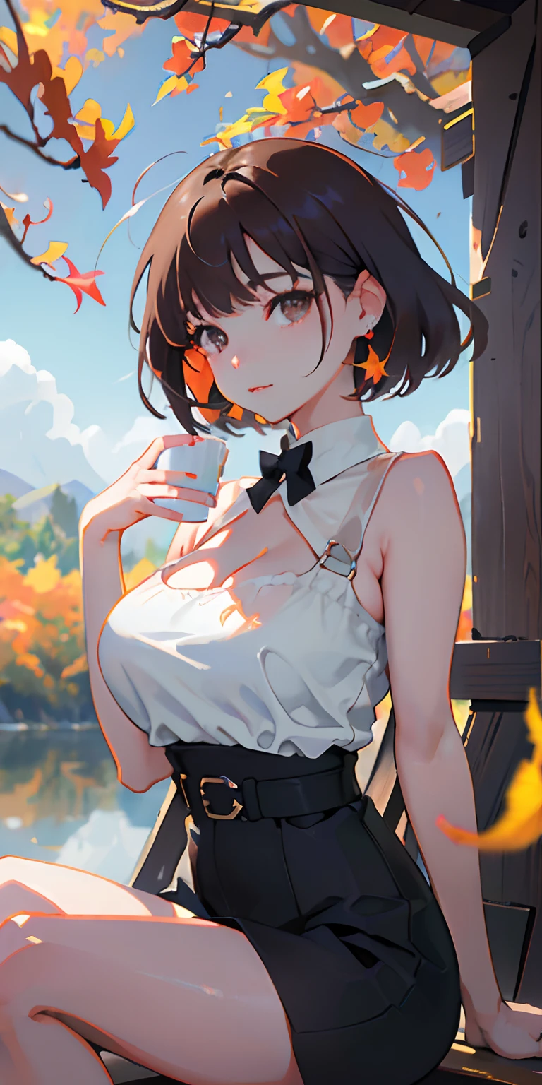 realisticlying、girl with、Outdoor Fashion、Autumn leaves Autumn leaves、Beautiful ginkgo tree、Big breasts with an emphasis on cleavage、Sexy Posing、Nature views