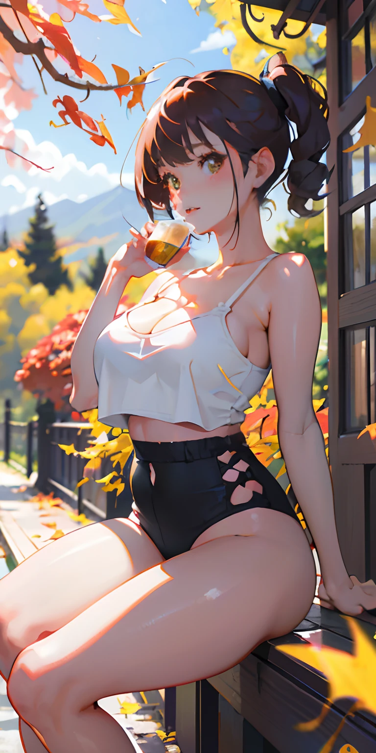 realisticlying、girl with、Outdoor Fashion、Autumn leaves Autumn leaves、Beautiful ginkgo tree、Big breasts with an emphasis on cleavage、Sexy Posing、Nature views