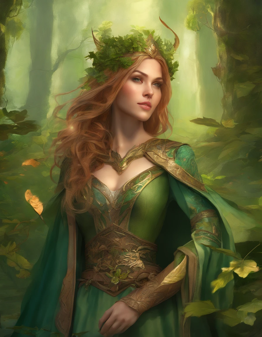 3d render, cgi, symetrical, octane render, 35mm, intricate details, hdr, intricate details, hyperdetailed, natural skin texture, hyperrealism, sharp, 1 girl, woman, (elven:0.6), portrait, looking up, solo, (full body:0.6), detailed background, brown eyes, light blonde textured hair, detailed face, robin hood, dynamic pose, medieval fantasy setting, high fantasy, green leather clothes, capelet, puch, straps, belt, serene forest, bushes, ivy, roots, moss, falling leaves, flowers, birds, feathers, sunshine, mist
