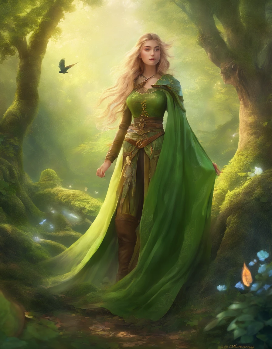 3d render, cgi, symetrical, octane render, 35mm, intricate details, hdr, intricate details, hyperdetailed, natural skin texture, hyperrealism, sharp, 1 girl, woman, (elven:0.6), portrait, looking up, solo, (full body:0.6), detailed background, brown eyes, light blonde textured hair, detailed face, robin hood, dynamic pose, medieval fantasy setting, high fantasy, green leather clothes, capelet, puch, straps, belt, serene forest, bushes, ivy, roots, moss, falling leaves, flowers, birds, feathers, sunshine, mist