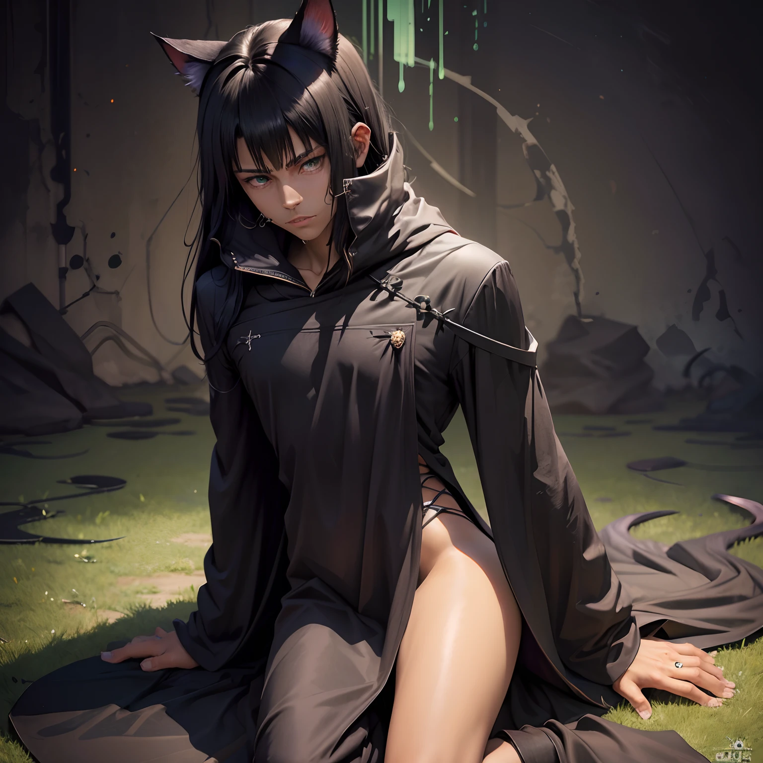 (Black spikey long hair), (dark skinned male), (cat ears), (green eyes), (black robes), (long hair), (spikey hair)