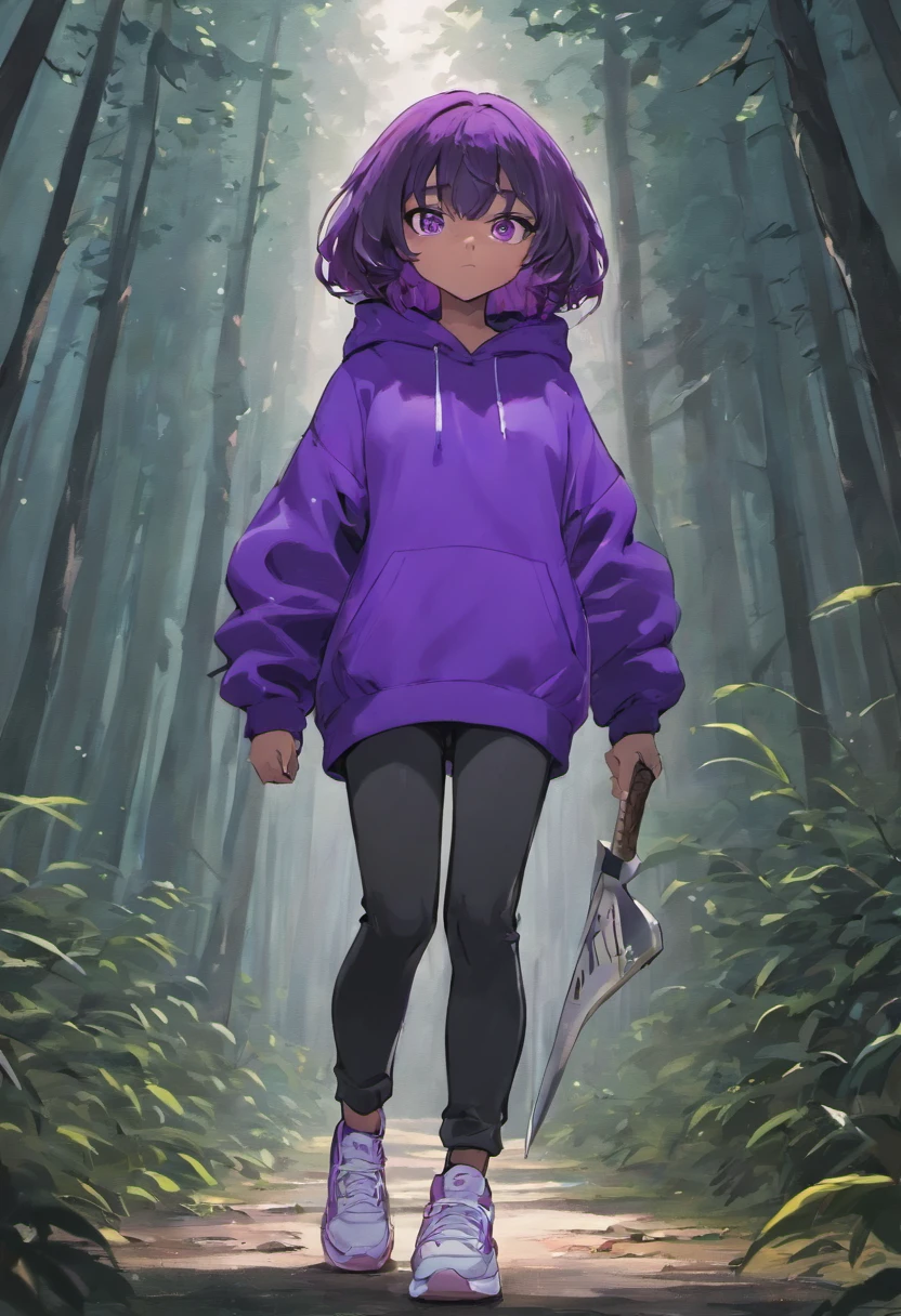 Dark-skinned girl with black long wavy hair wearing purple hoodie, black pants, white sneakers, holding an axe, forest background, deep-colored shading, colored outlines