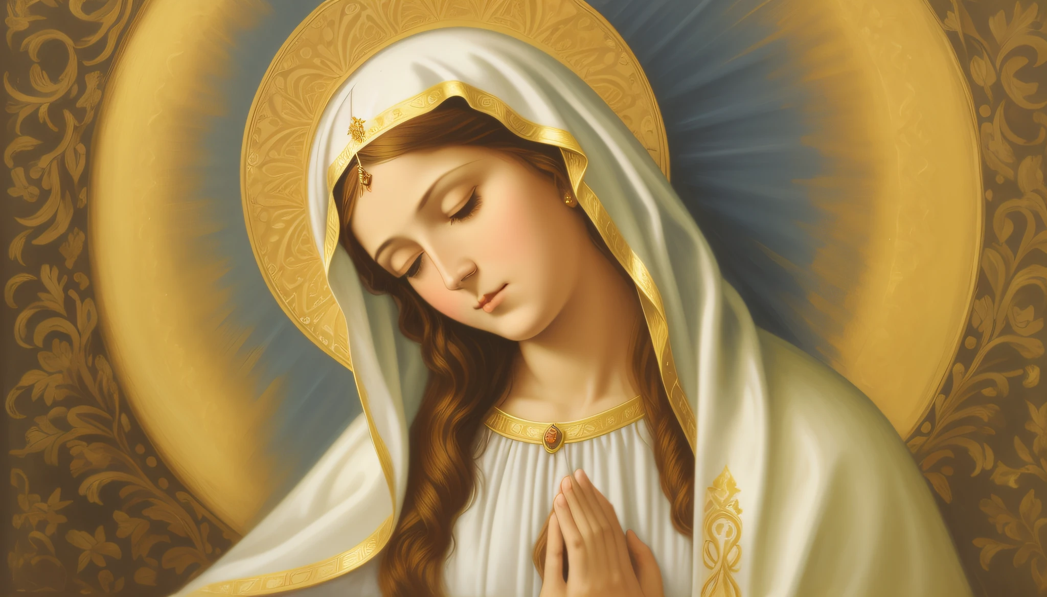 Painting of a woman with a white veil and a golden halo, Retrato da Virgem Maria, Virgem Maria, queen of heaven, catholic religious art, Retrato detalhado de Madonna, catholic icon, majestosa mulher de santo, Holy, santo e belo, iconografia religiosa, arte sacra, roman catholic icon, mary in a sanctuary, Directed by: Juan O'Gorman, Arte Sacra Renascentista, Obra-prima italiana