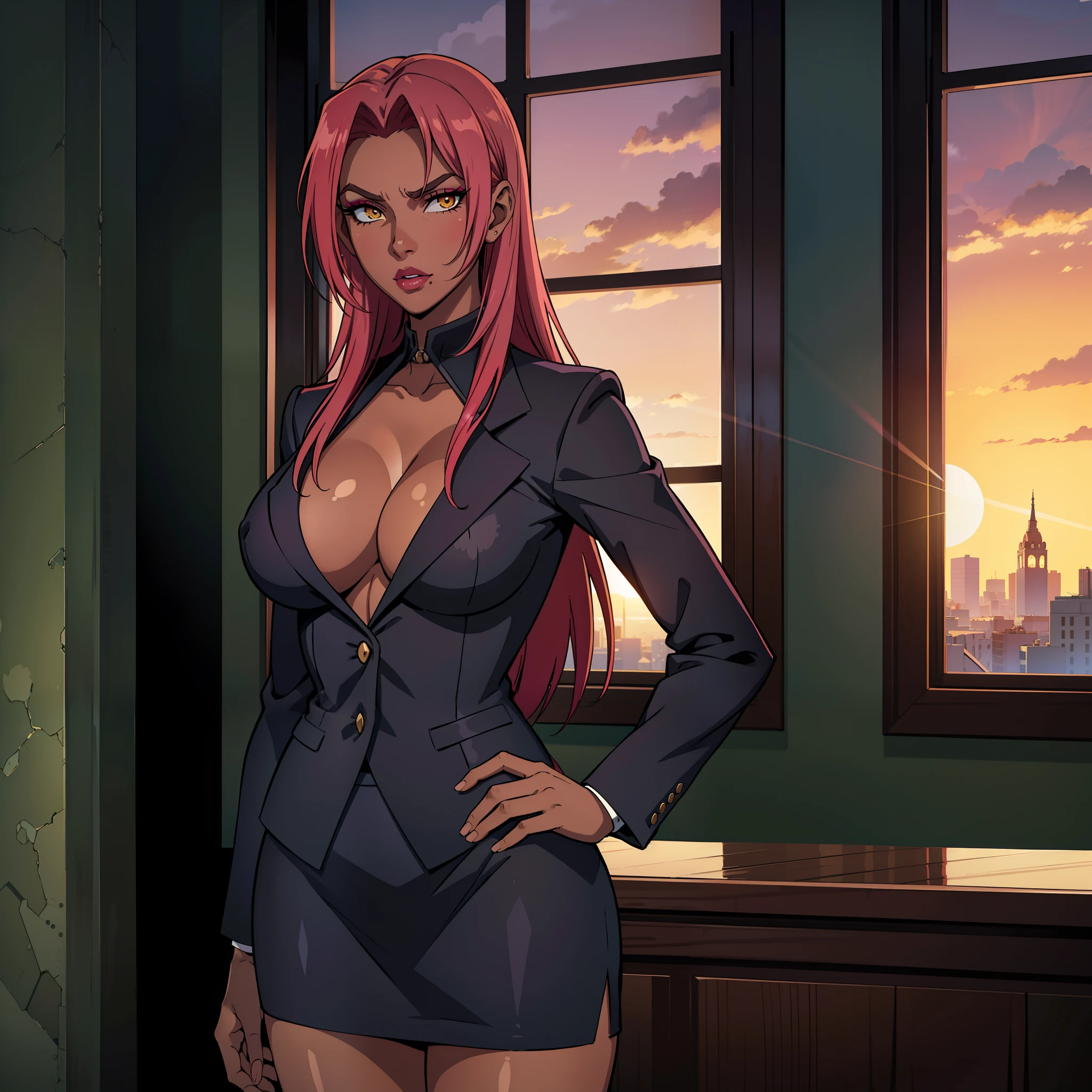 (highres, high quality:1.3), intricate details, cinematic lighting, sharp focus, depth of field, makaikishiingrid
Ingrid, 1girl, solo, mature female, (dark-skinned female, dark skin:1.1), looking at viewer, standing, hands on hips, office, window, evening, sunset,
serious,
pink red hair, very long hair, hair intakes, makeup, lipstick, (mole under mouth:0.8), eyelashes, yellow eyes, detailed eyes, perfect face,
business suit, formal, skirt suit, jacket suit,
large breasts, cleavage, (areola slip:1.2), (nipple slip:0.9), thighs,